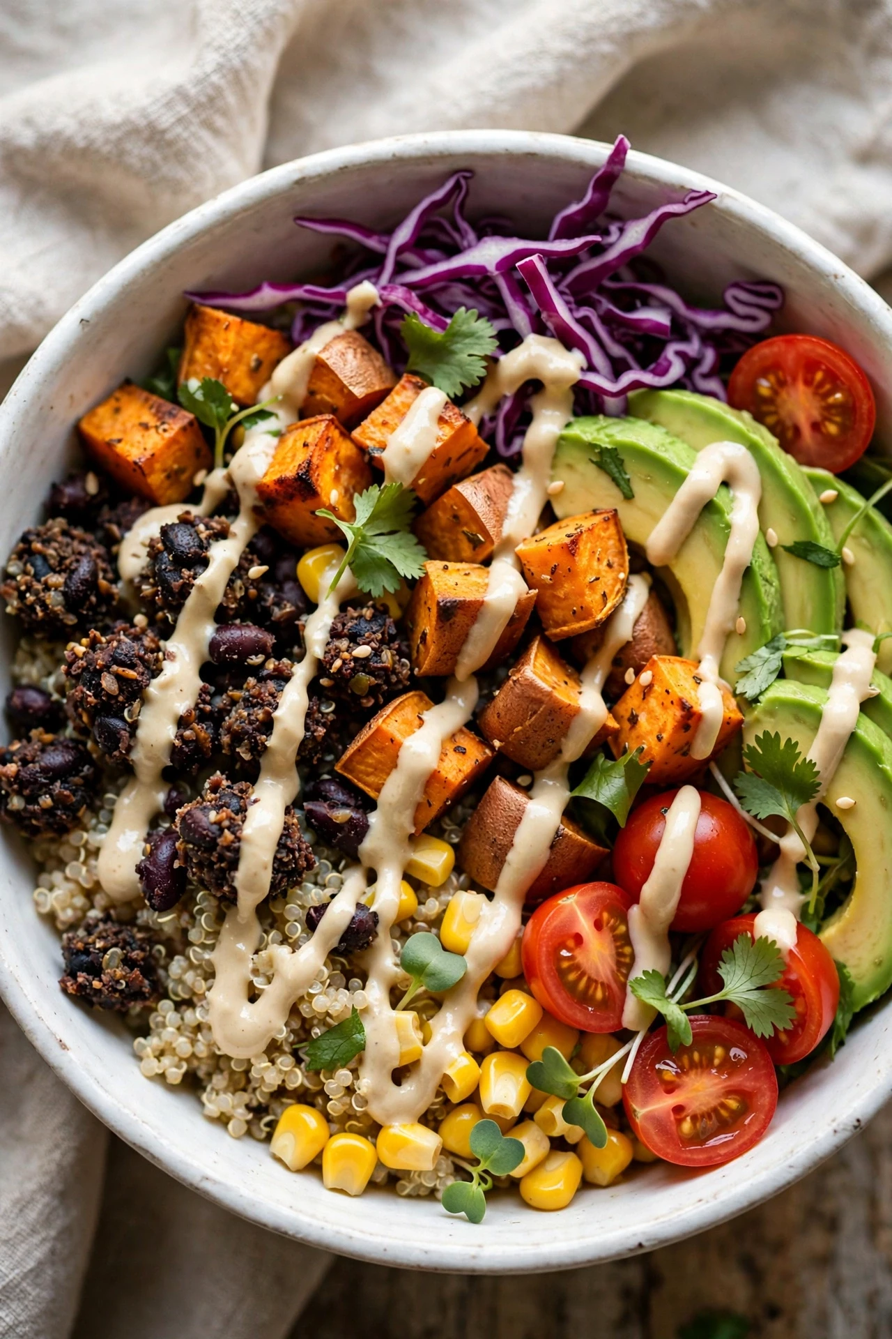 Veggie burger bowl with black bean patty, avocado and corn
