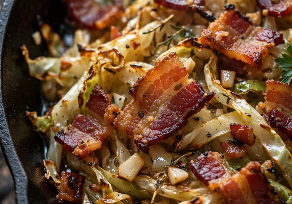 Fried cabbage with crispy bacon in a cast iron skillet