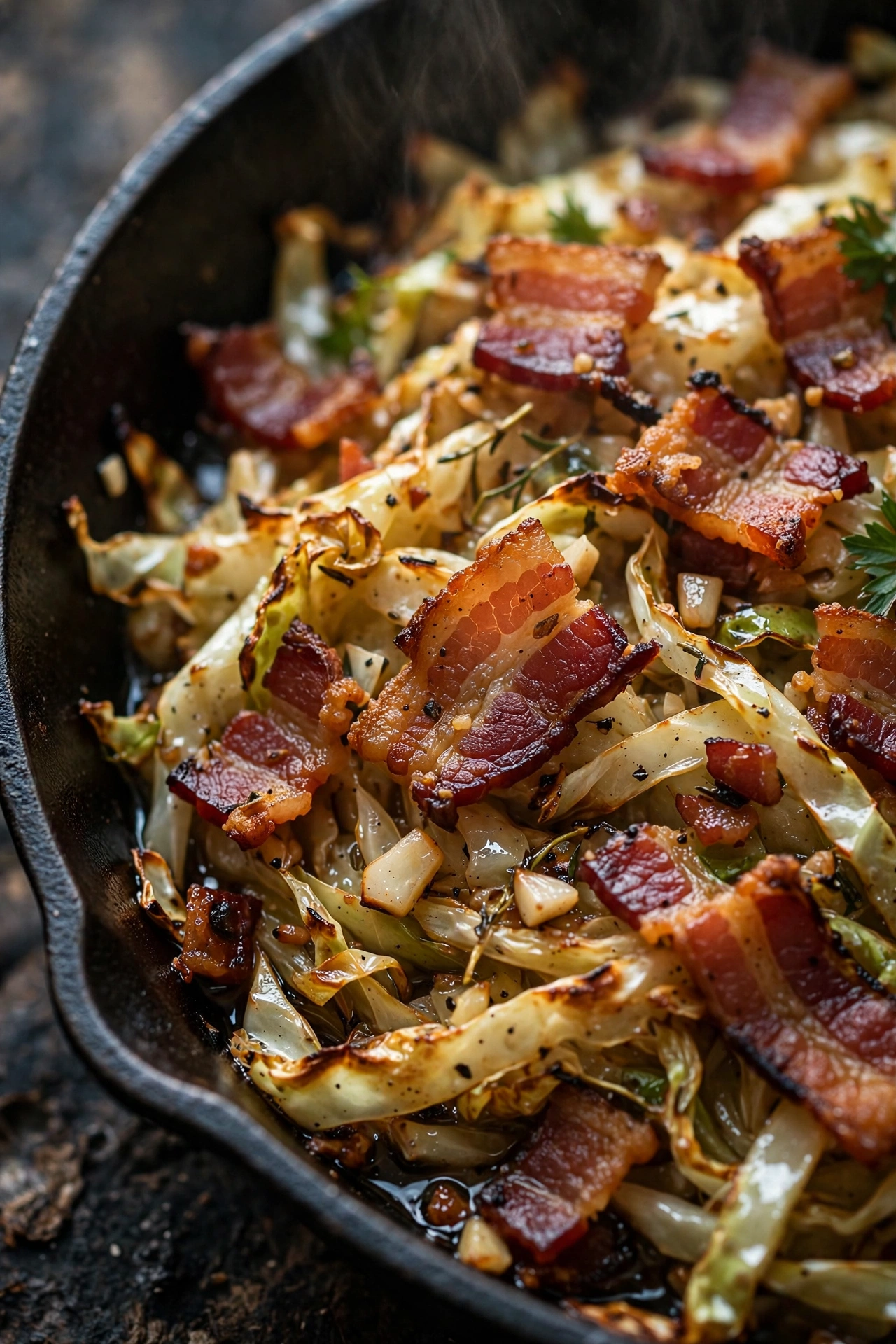 Fried cabbage with crispy bacon in a cast iron skillet
