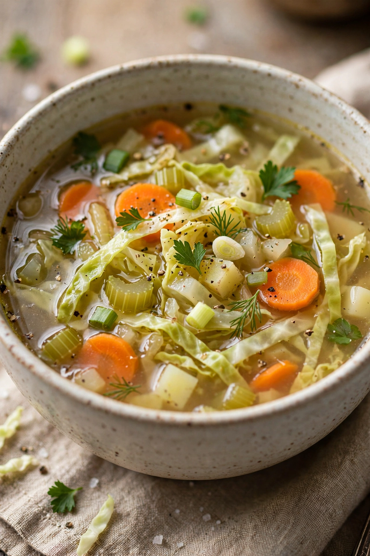 Cabbage soup clear broth with vegetables in a bowl