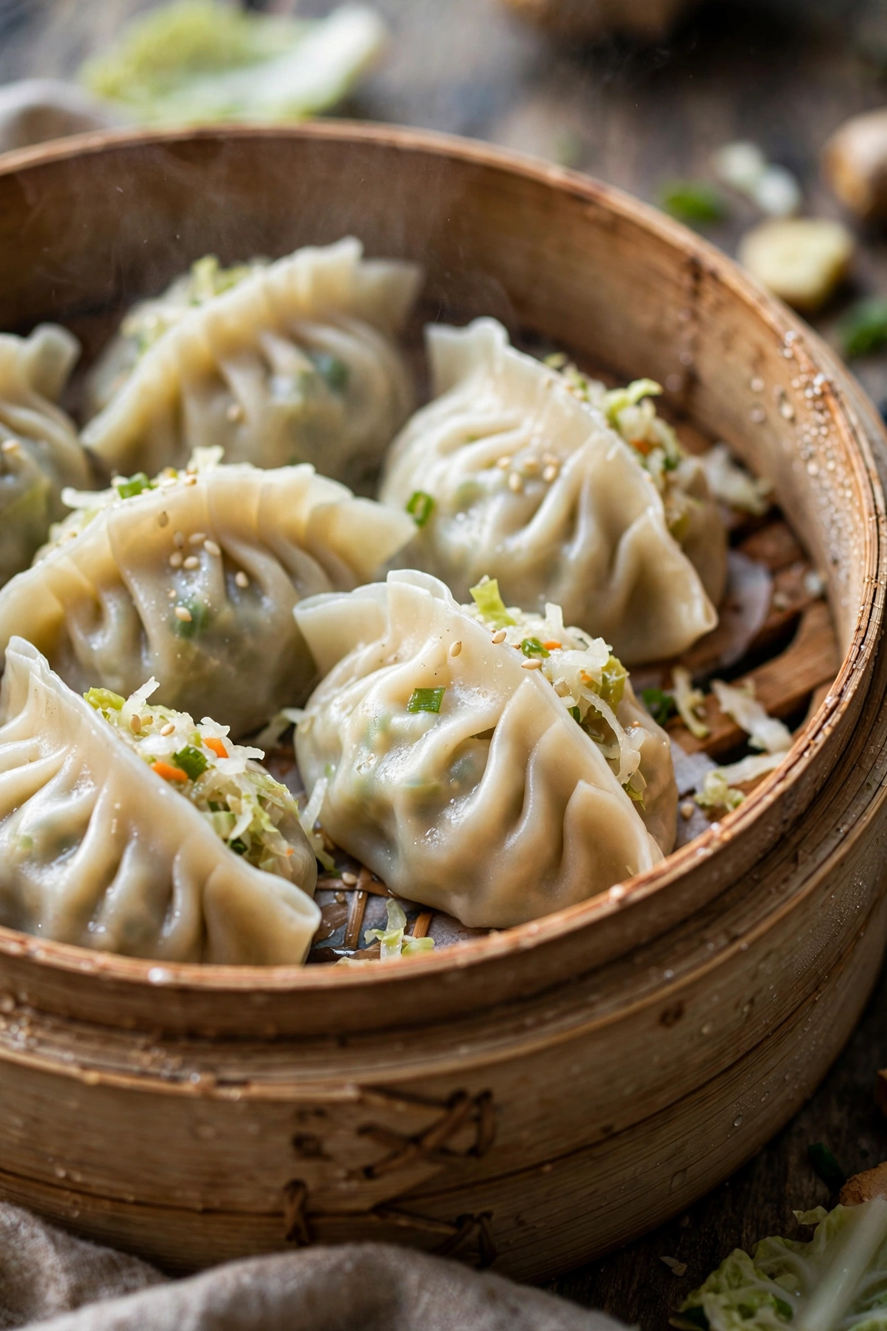 Cabbage dumplings pleated in a bamboo steamer