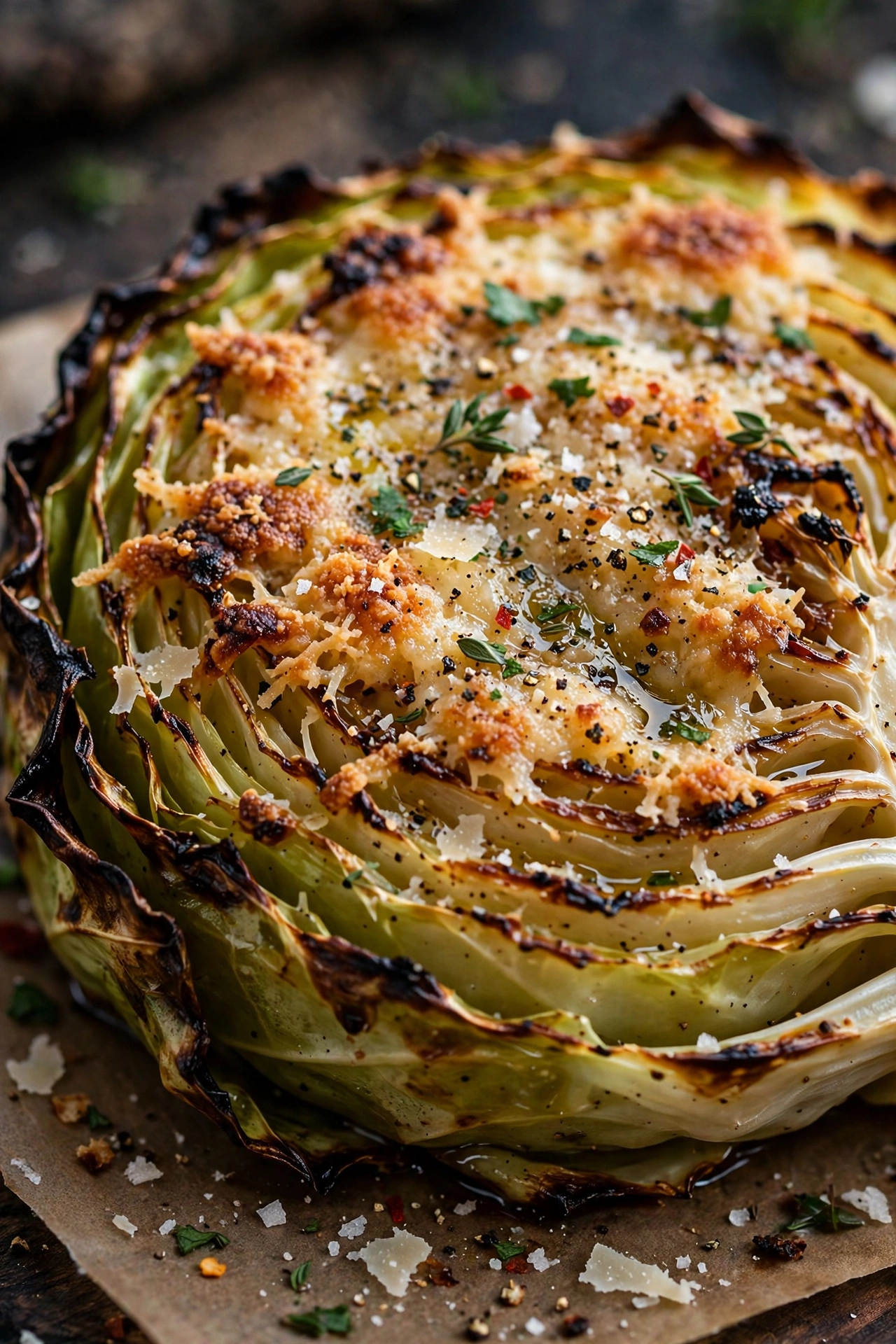 Roasted cabbage steaks caramelized with parmesan