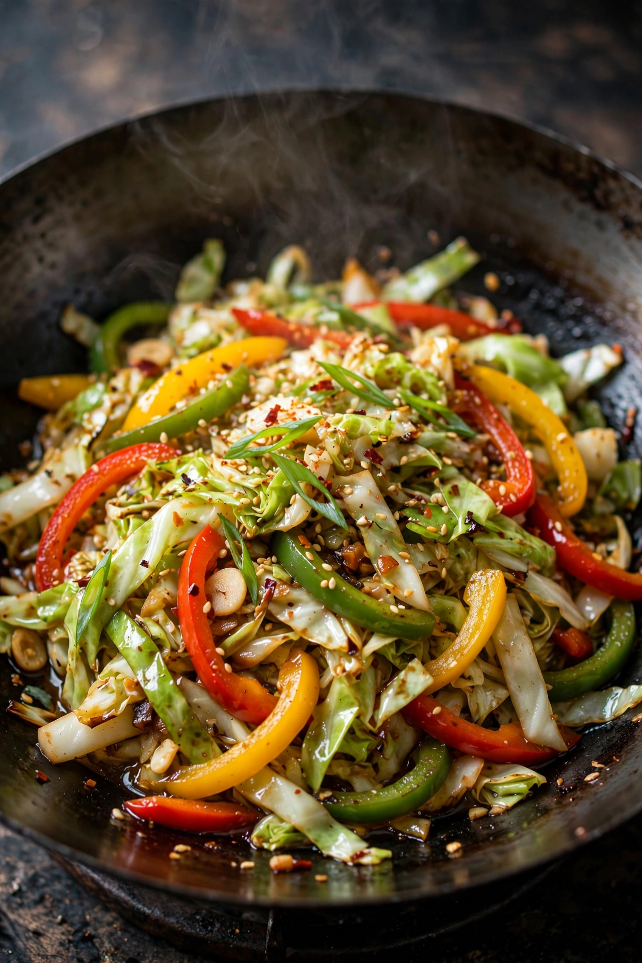 Cabbage stir fry colorful with bell peppers in a wok