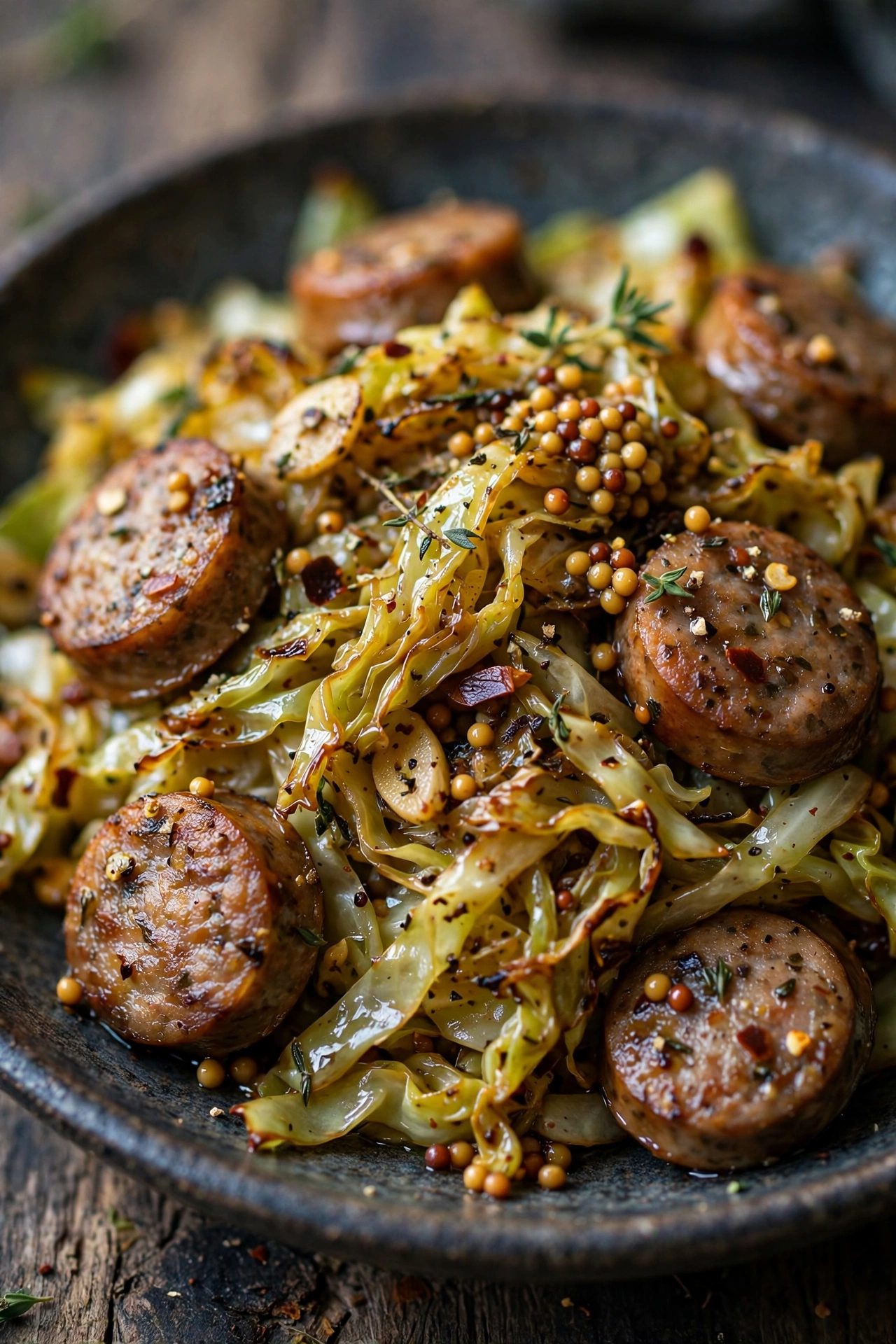 Sauteed cabbage and sausage with mustard seeds