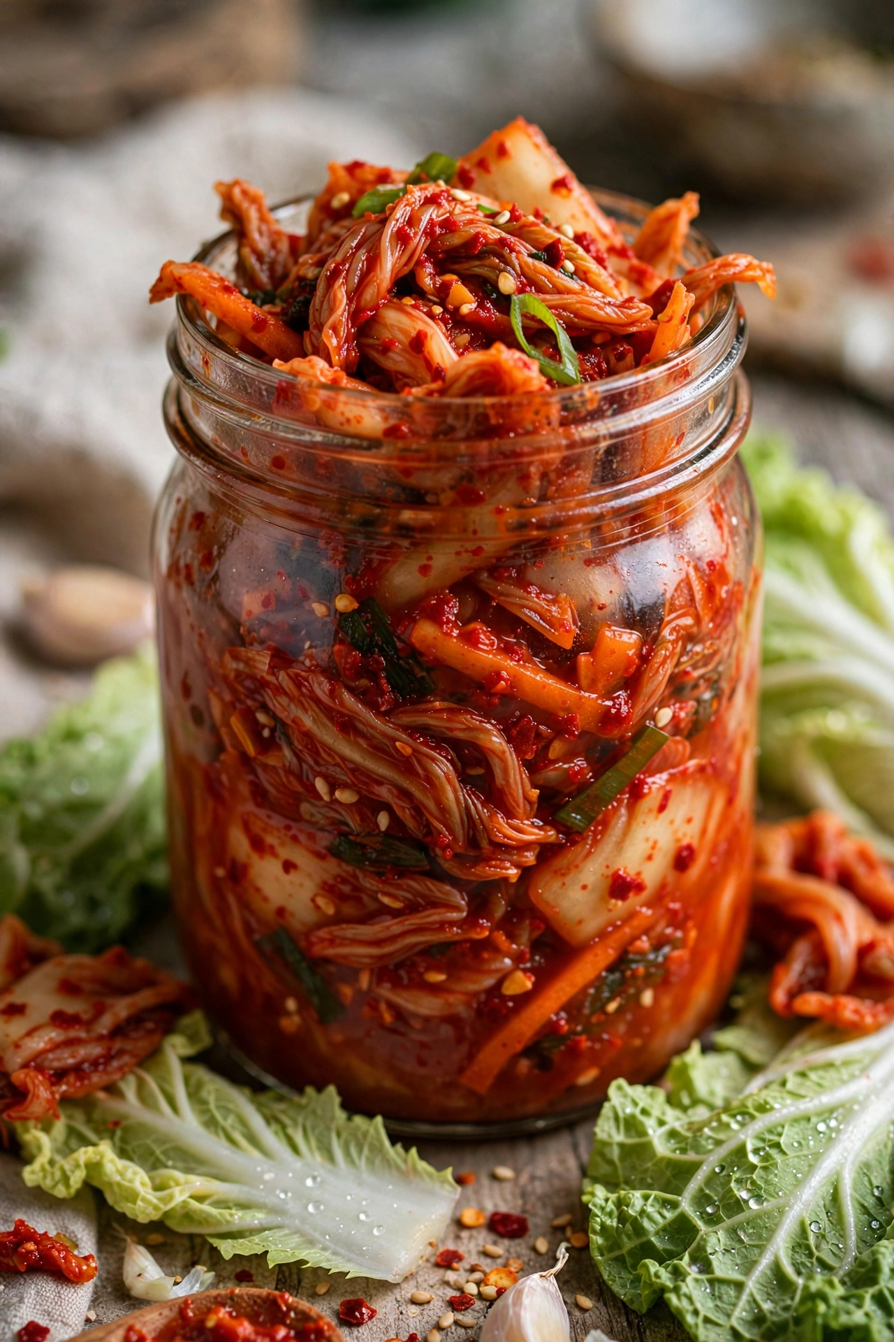 Homemade kimchi bright red in a jar with cabbage leaves