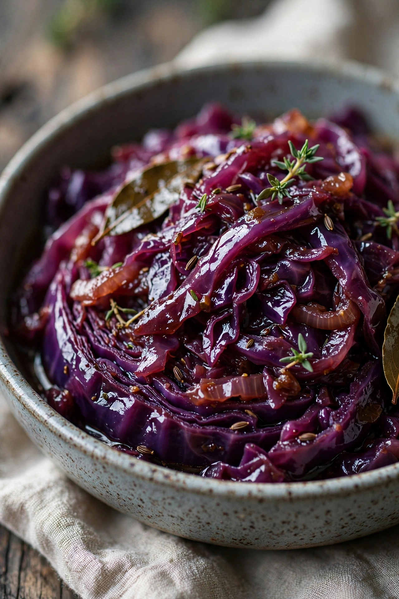 Braised red cabbage glossy purple in a serving bowl