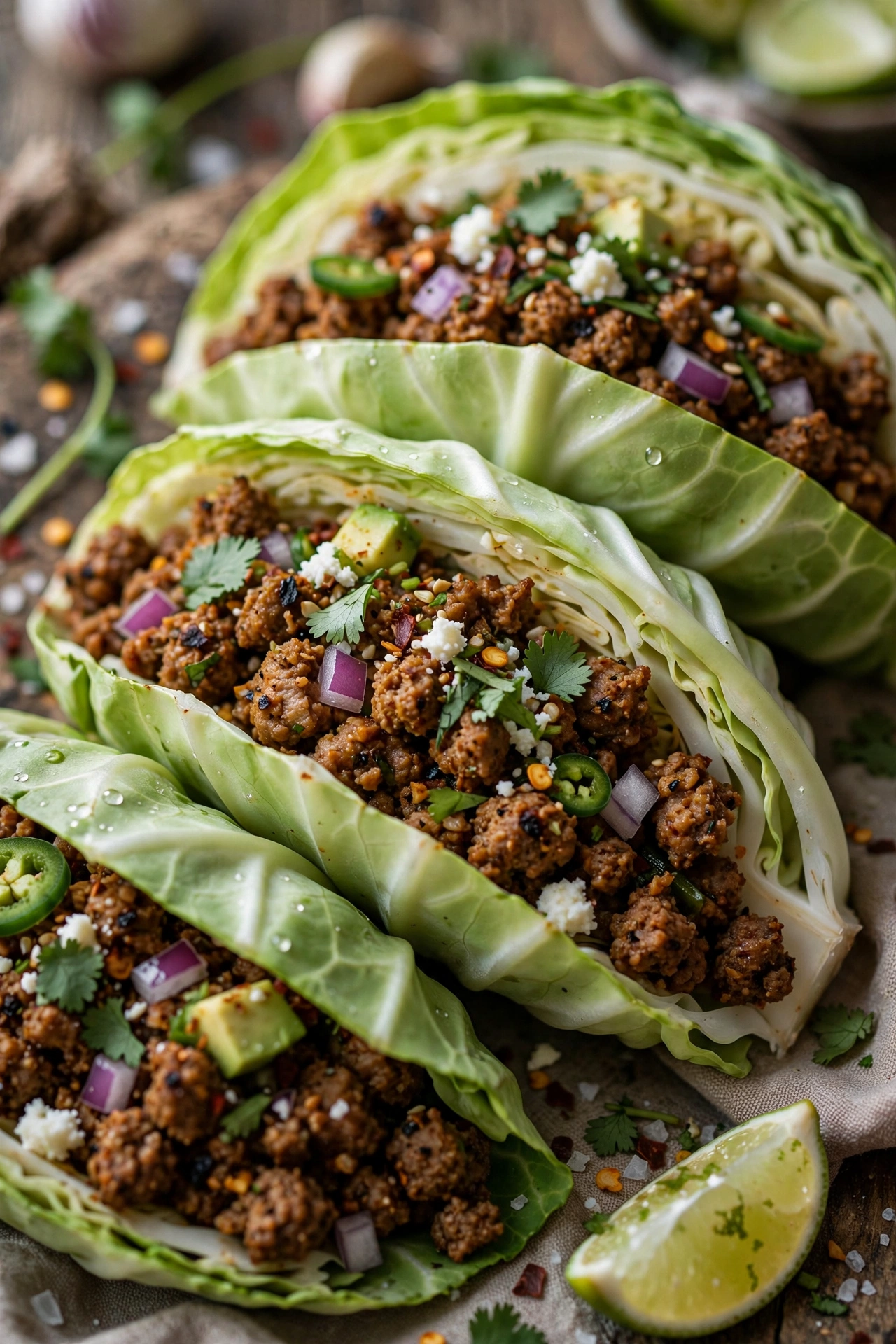 Cabbage tacos low-carb with seasoned meat