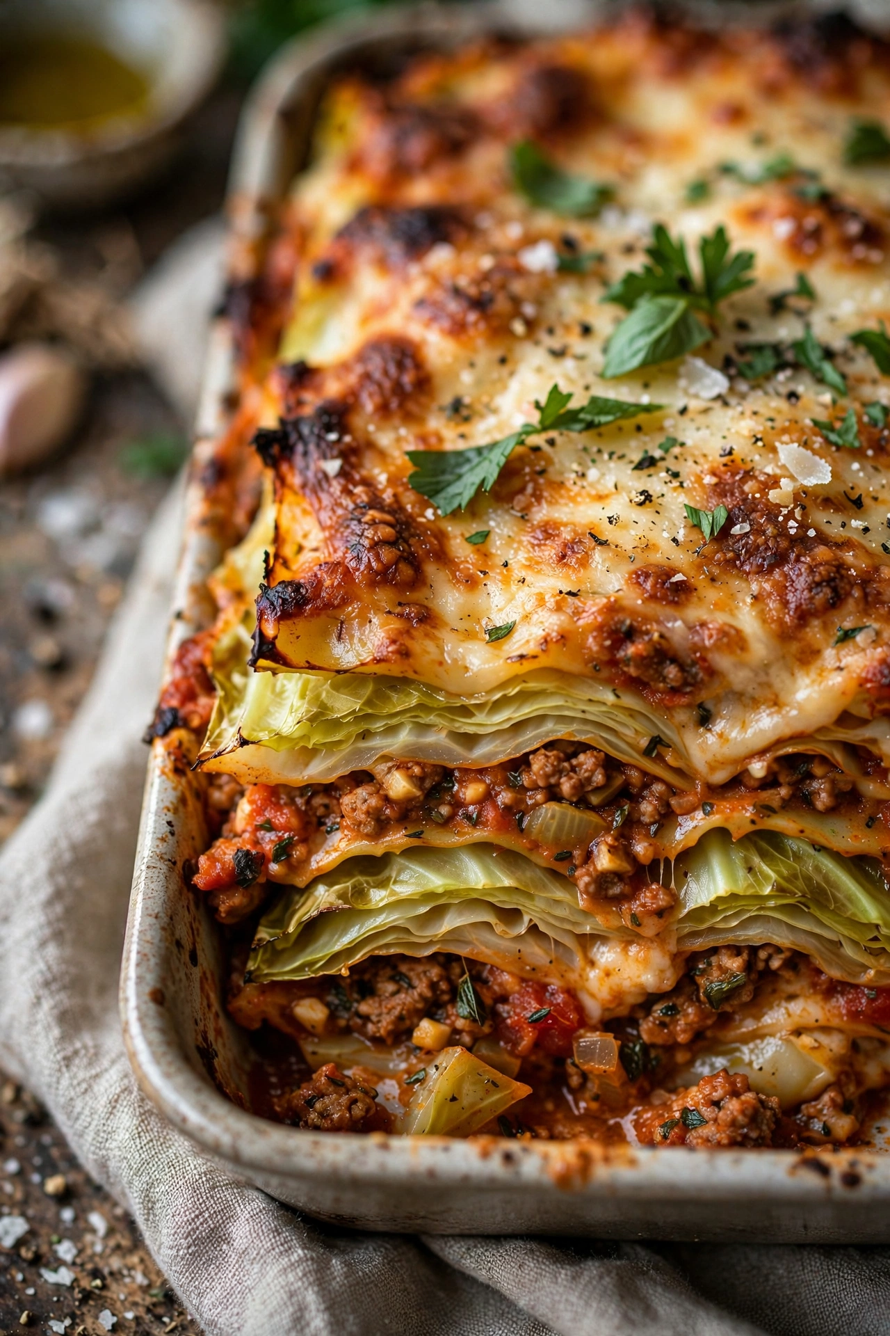 Cabbage lasagna layered with cabbage leaves instead of noodles