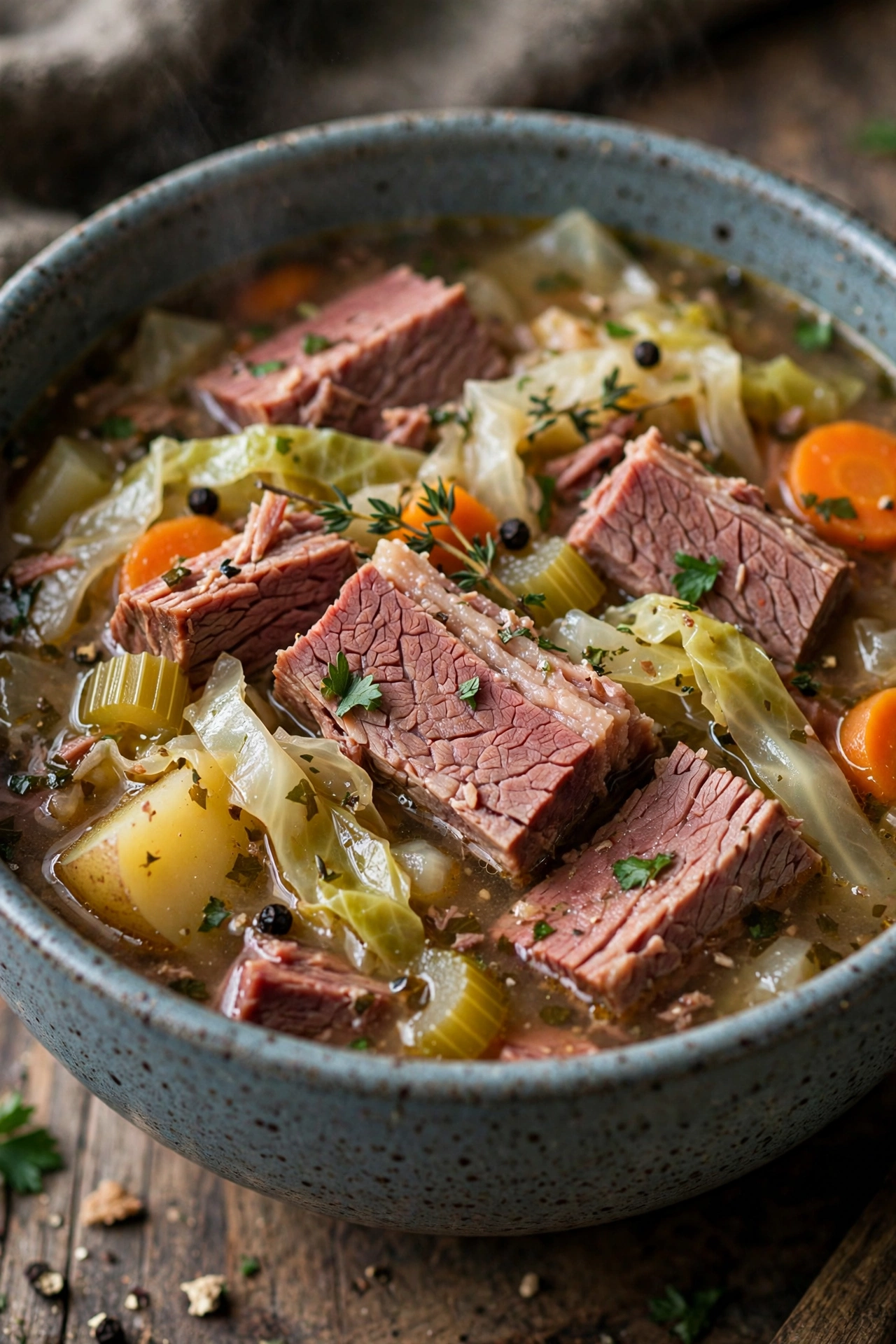 Corned beef and cabbage soup hearty in a bowl