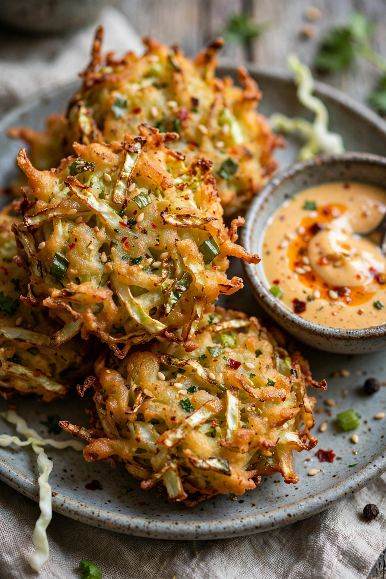 Cabbage fritters golden fried with dipping sauce