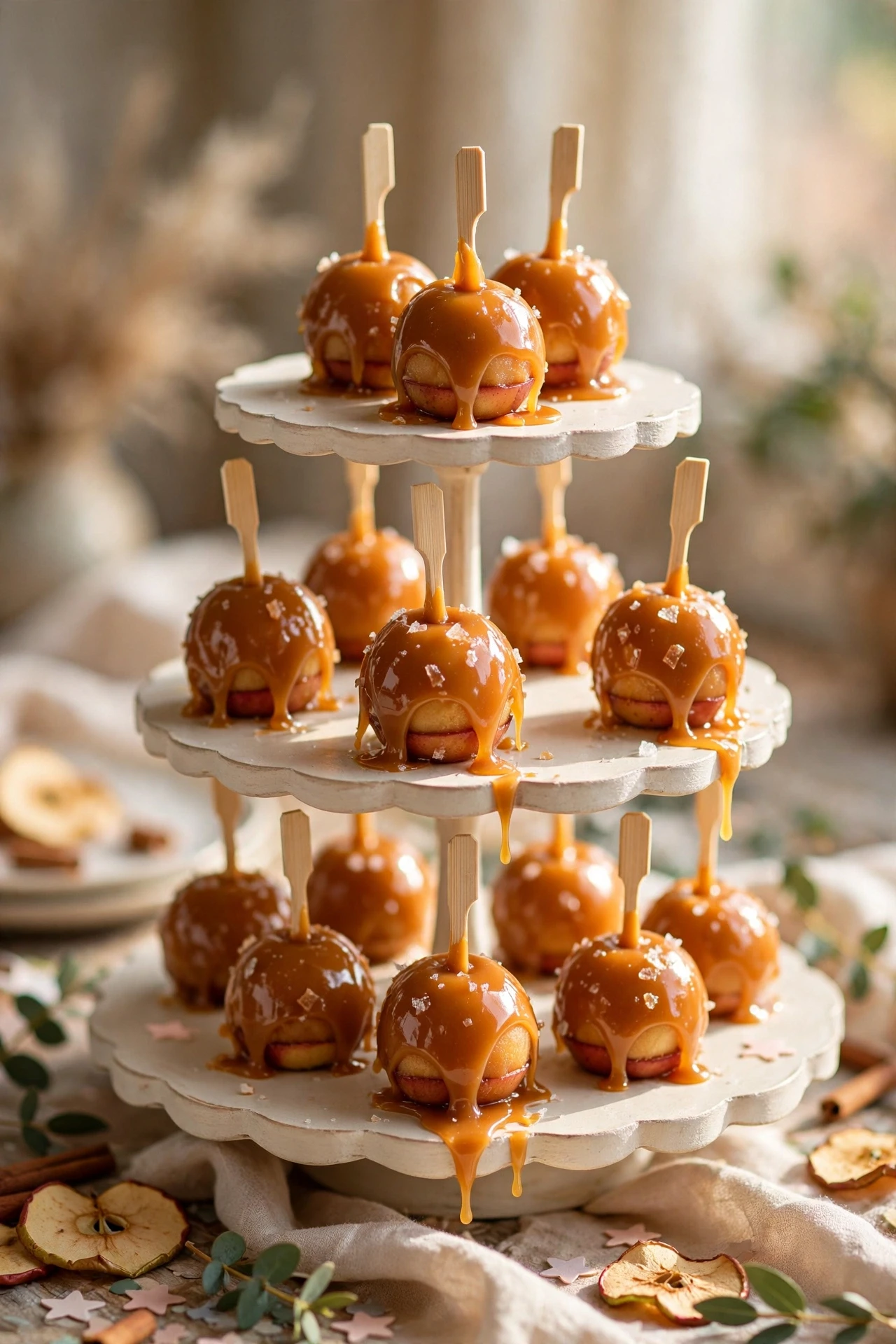 Mini caramel apple bites on toothpicks with caramel drizzle