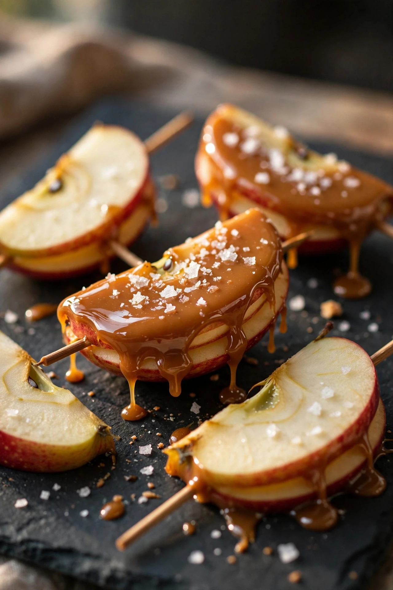 Salted caramel apple bar with flaky sea salt and caramel sauce
