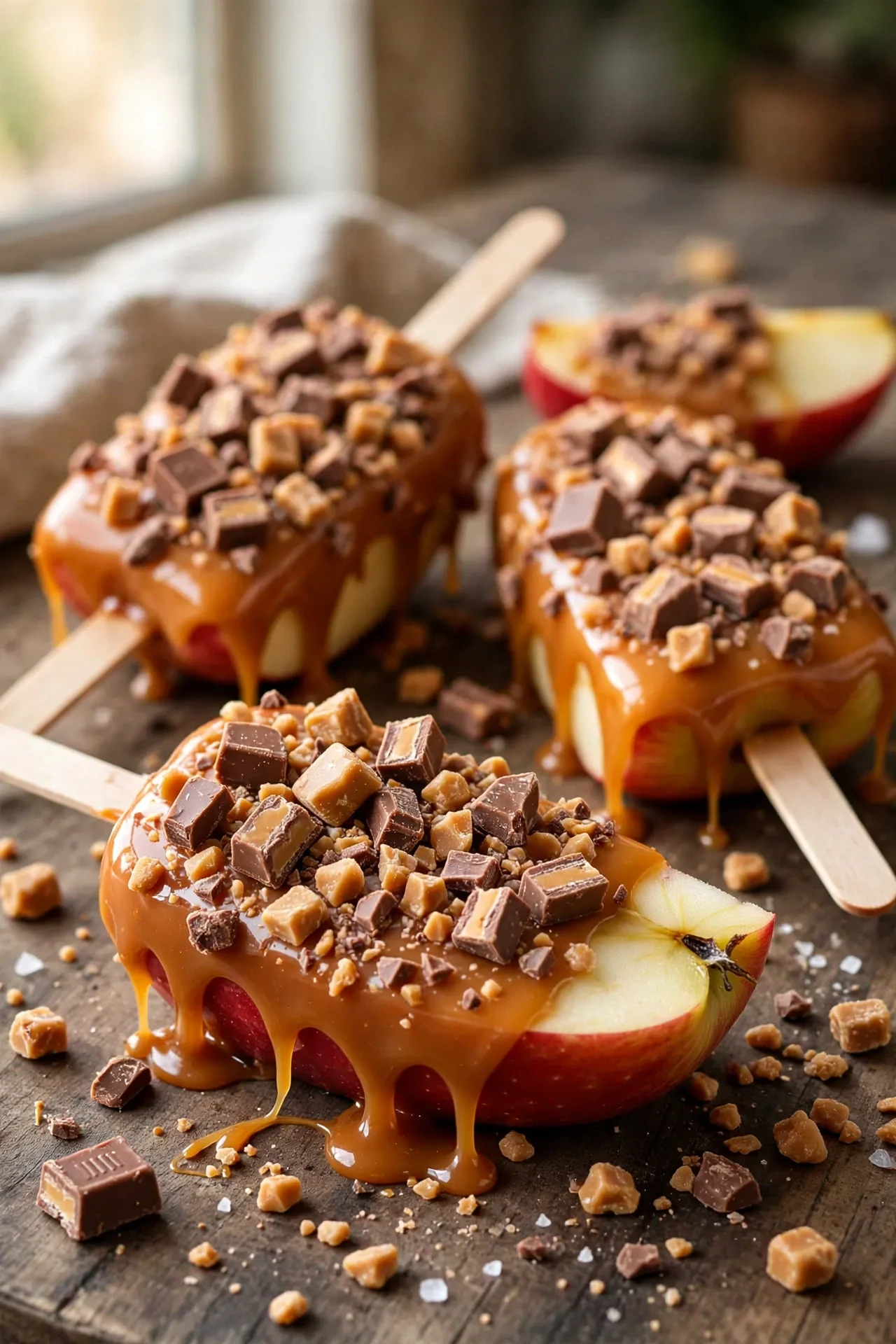 Toffee crunch apple bar with crushed toffee bits and caramel