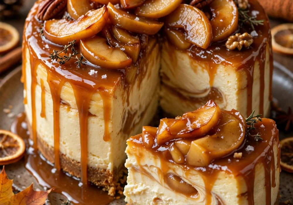 Caramel apple cheesecake with caramel drizzle on a dessert plate
