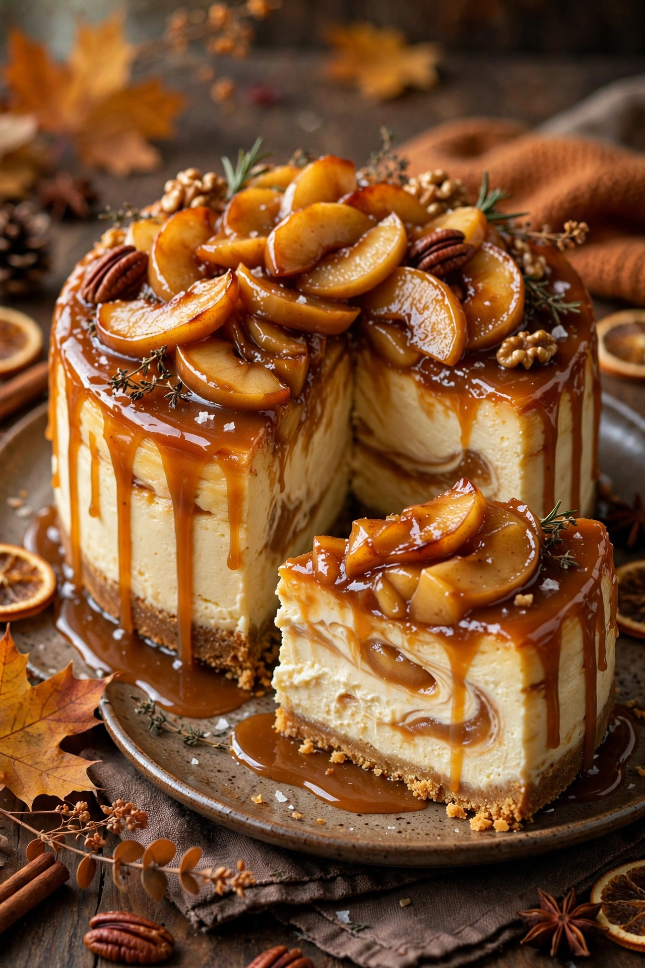 Caramel apple cheesecake with caramelized apple topping and caramel drizzle