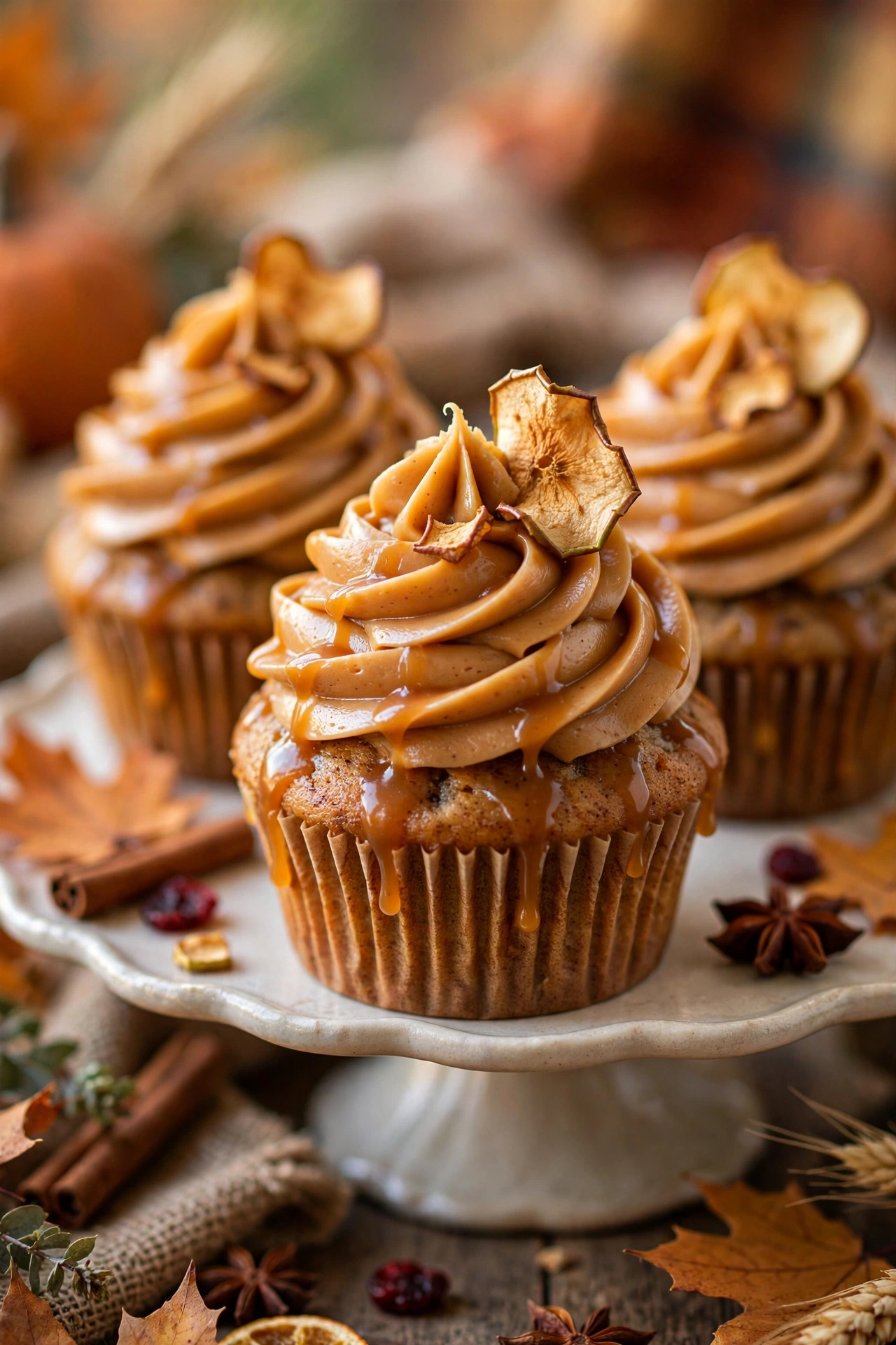 Caramel apple cupcakes with caramel frosting on a cake stand