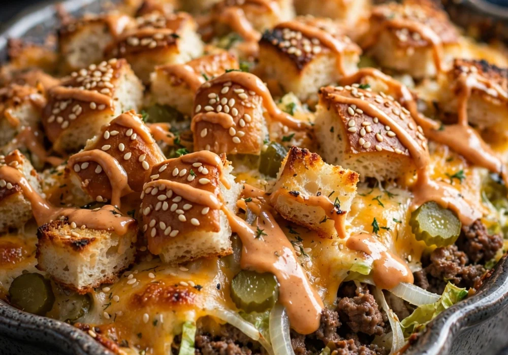 Big Mac casserole with sesame seed bun topping and special sauce drizzle
