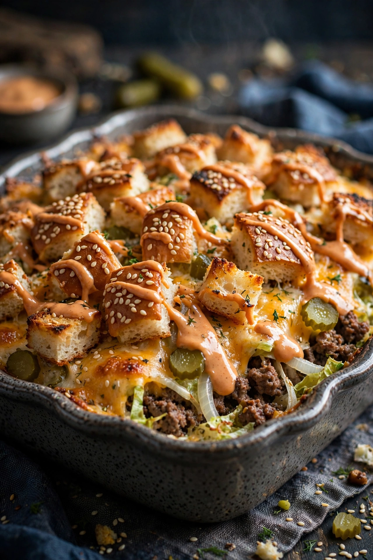 Big Mac casserole with sesame seed bun topping and special sauce drizzle