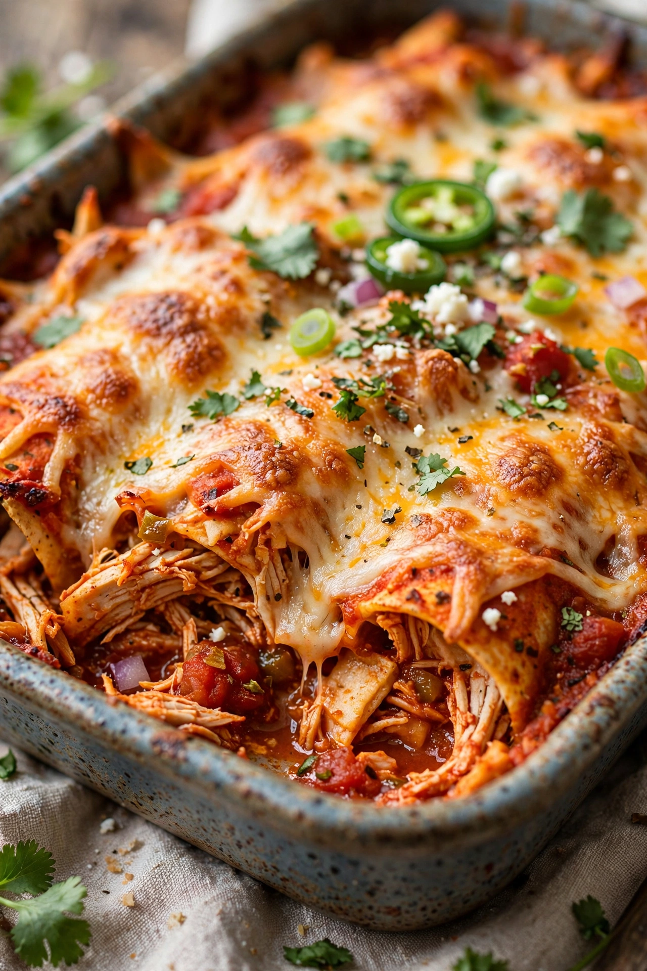 Chicken enchilada casserole with red sauce and melted cheese