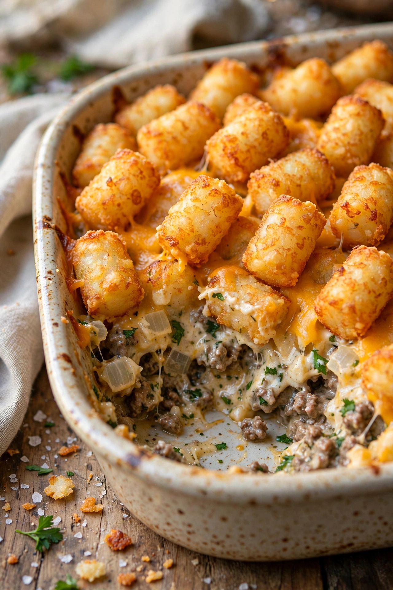 Tater tot casserole with crispy golden tots on top