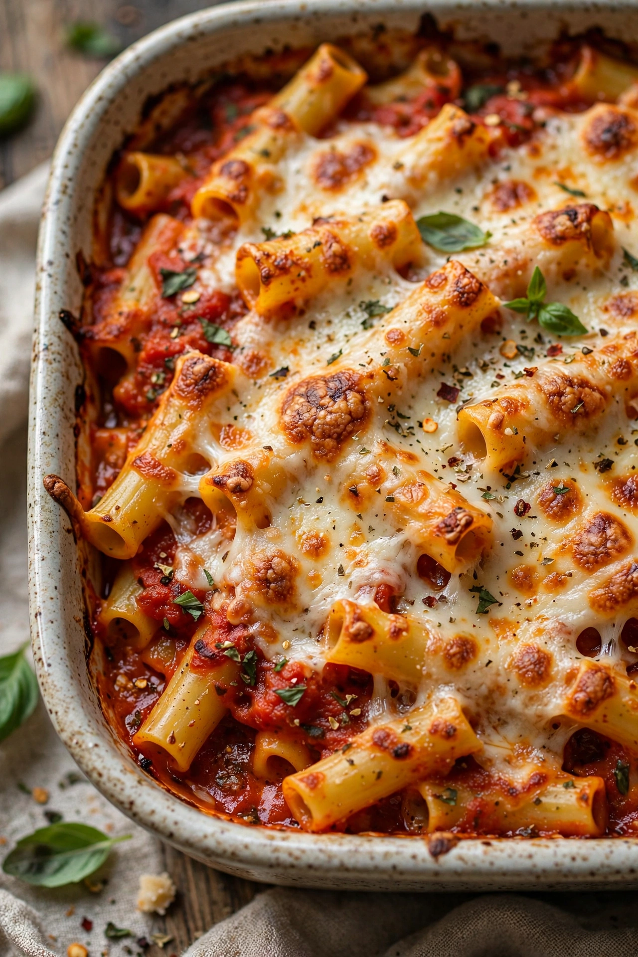 Baked ziti with bubbly cheese and marinara in a baking dish