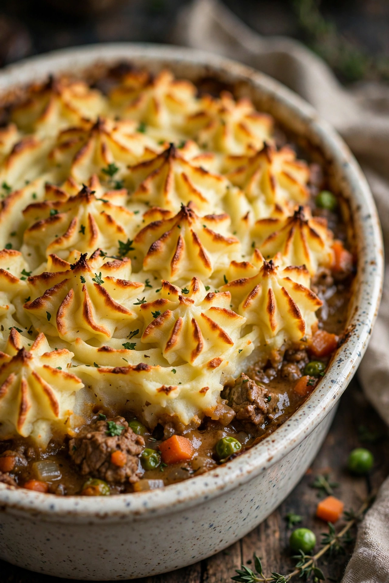 Shepherd's pie with piped mashed potato top