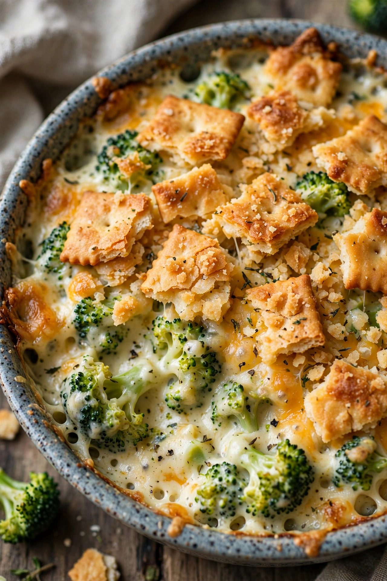Broccoli cheese casserole creamy with cracker topping