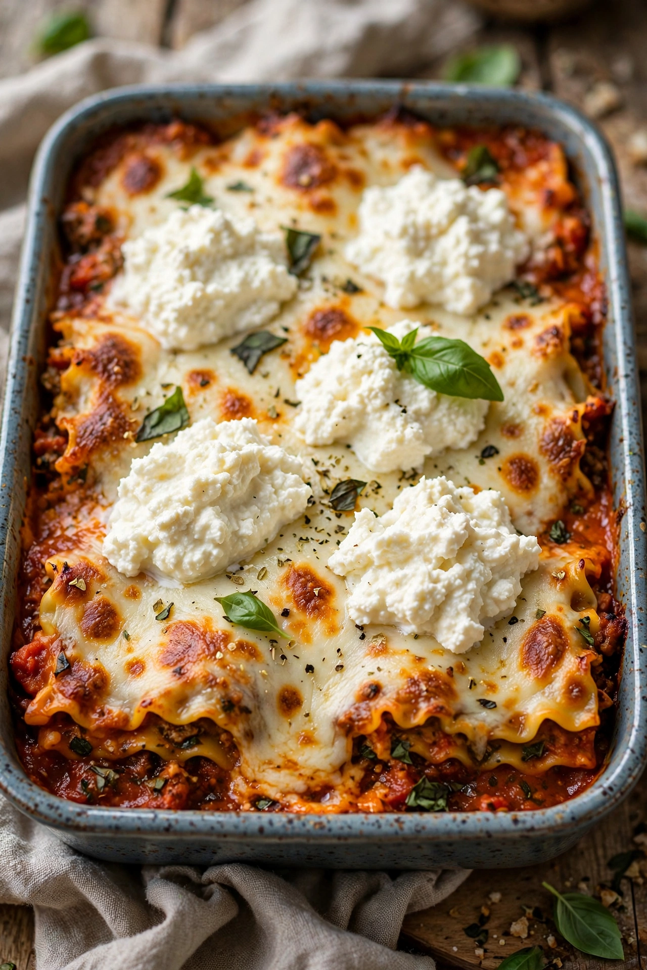 Easy lasagna casserole with ricotta dollops