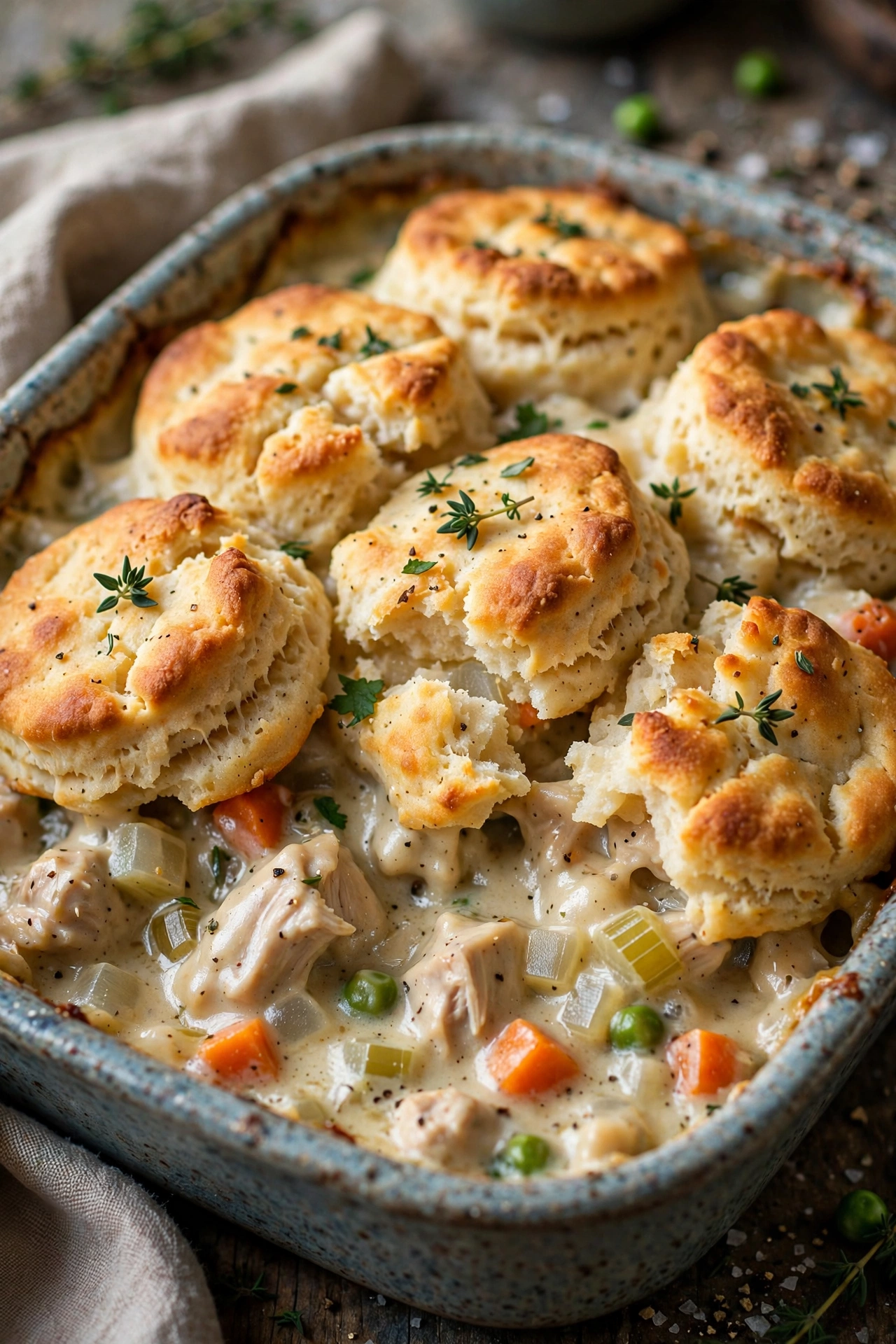 Chicken pot pie casserole with biscuit topping