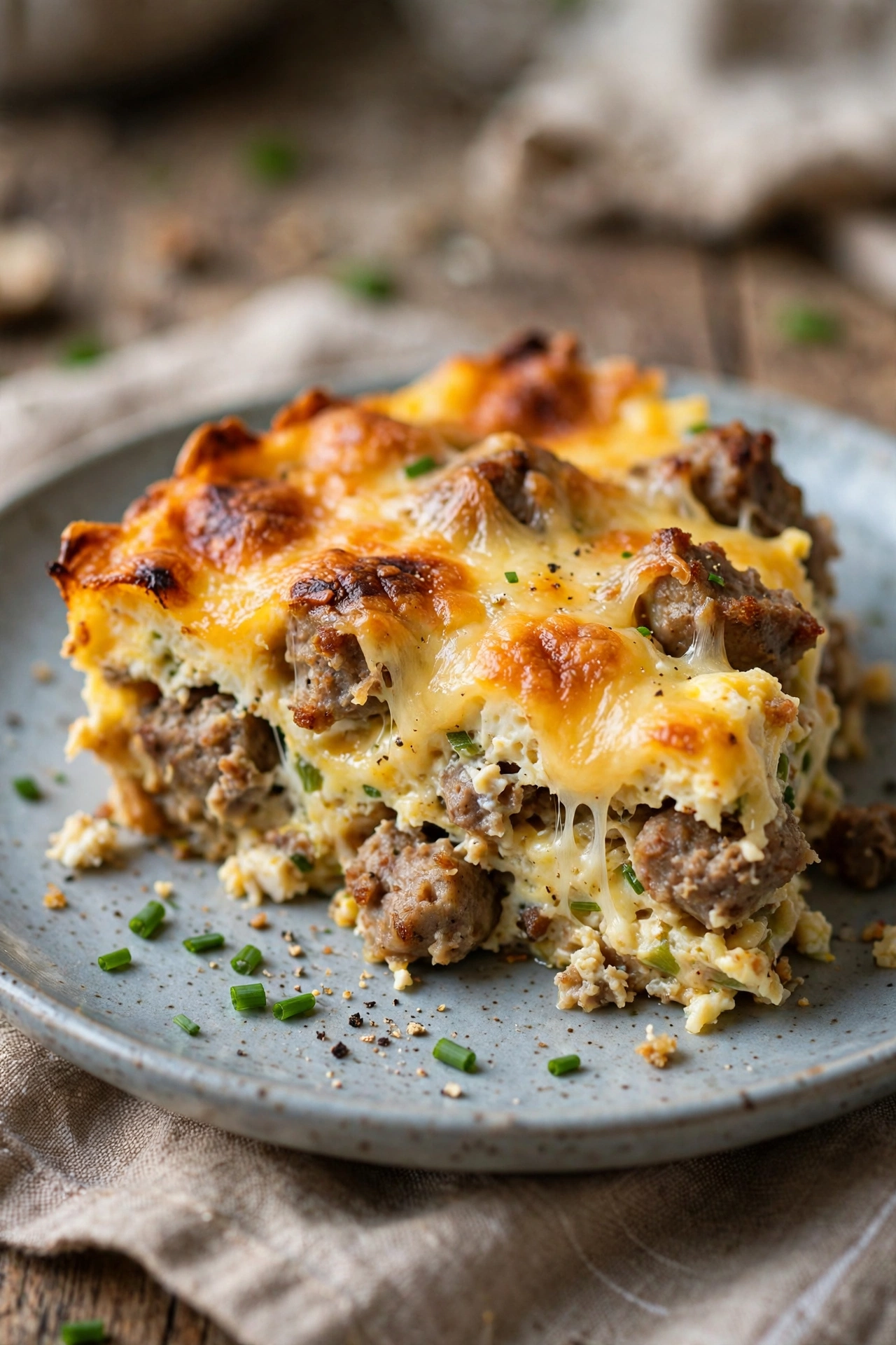Overnight breakfast casserole with eggs sausage and cheese