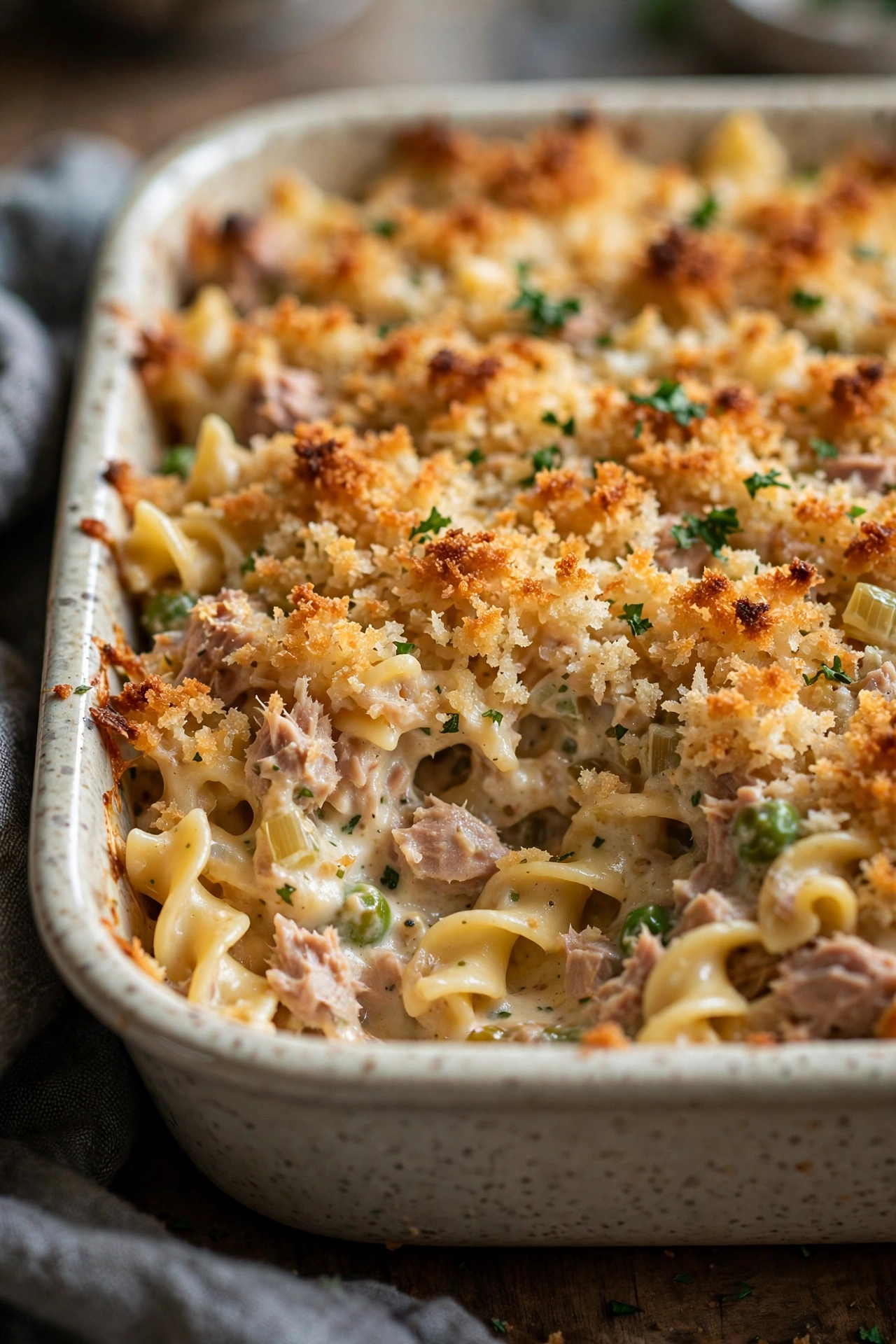 Tuna noodle casserole with crispy breadcrumb top