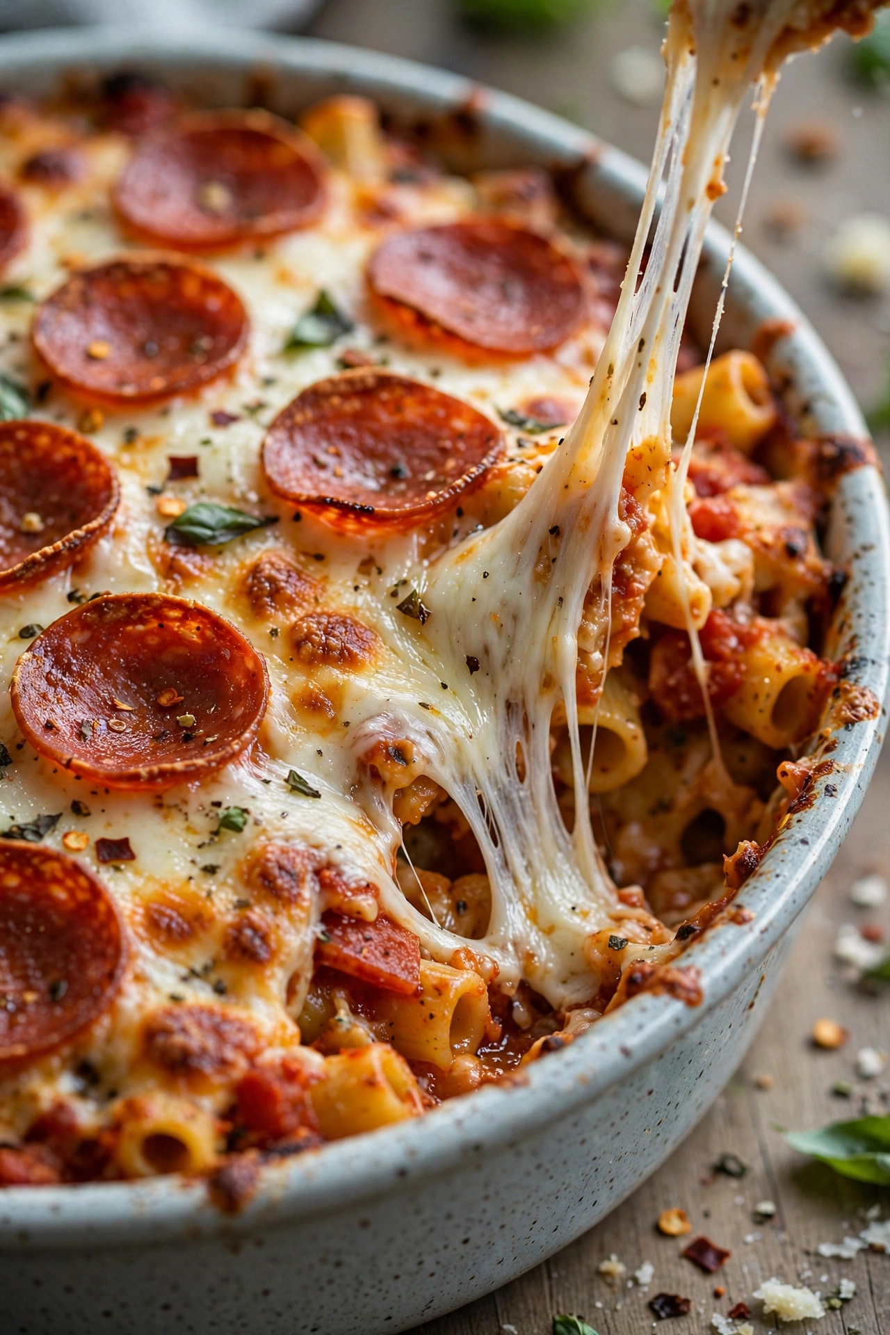 Pizza casserole with pepperoni and mozzarella pull