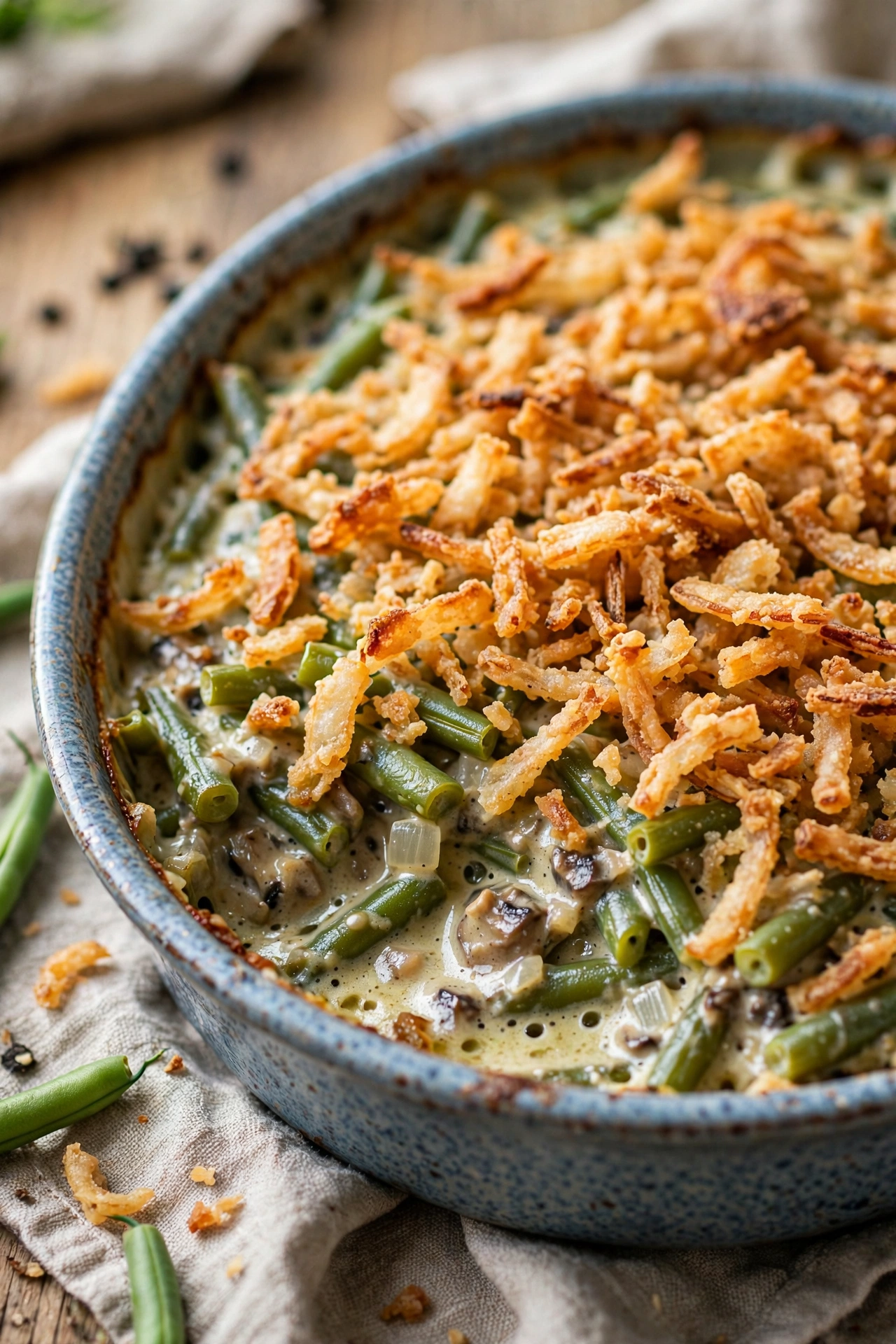 Green bean casserole bake with crispy onions