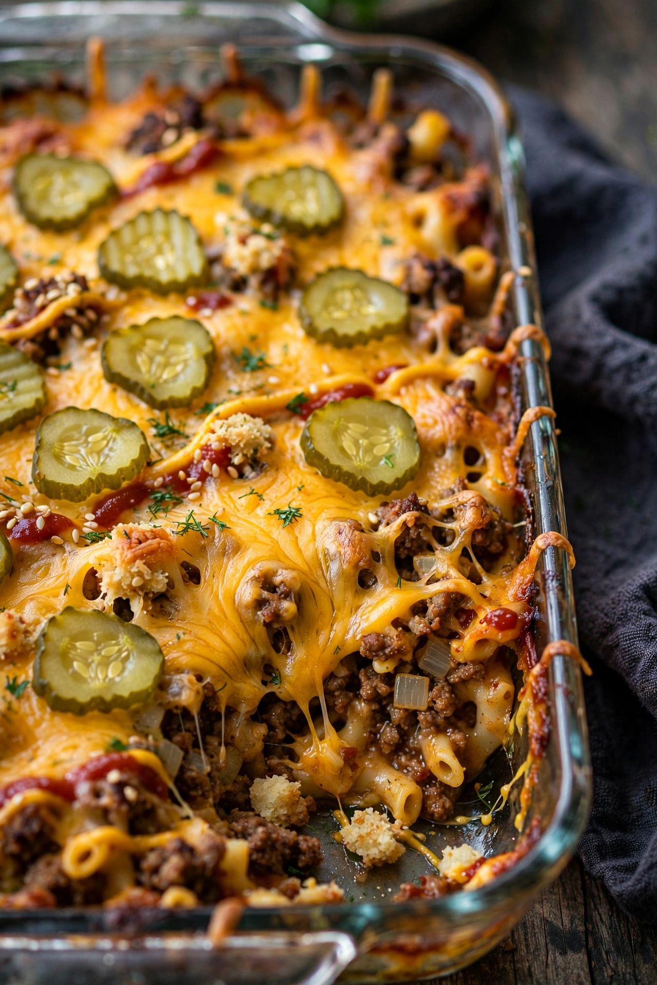 Cheeseburger casserole with pickles and cheddar
