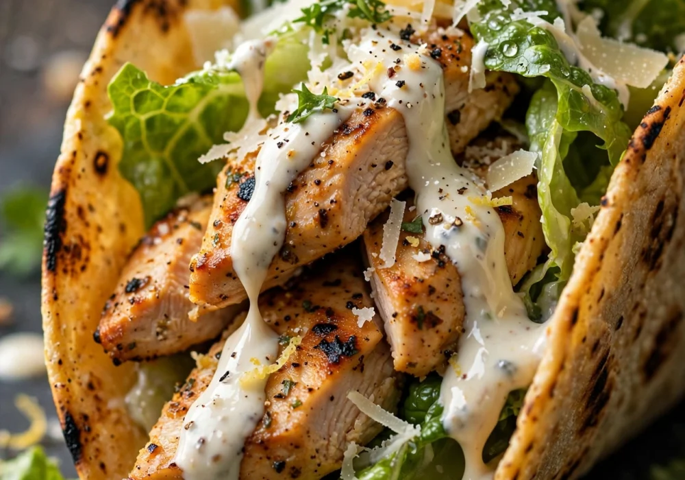 Chicken Caesar tacos with romaine parmesan and Caesar drizzle