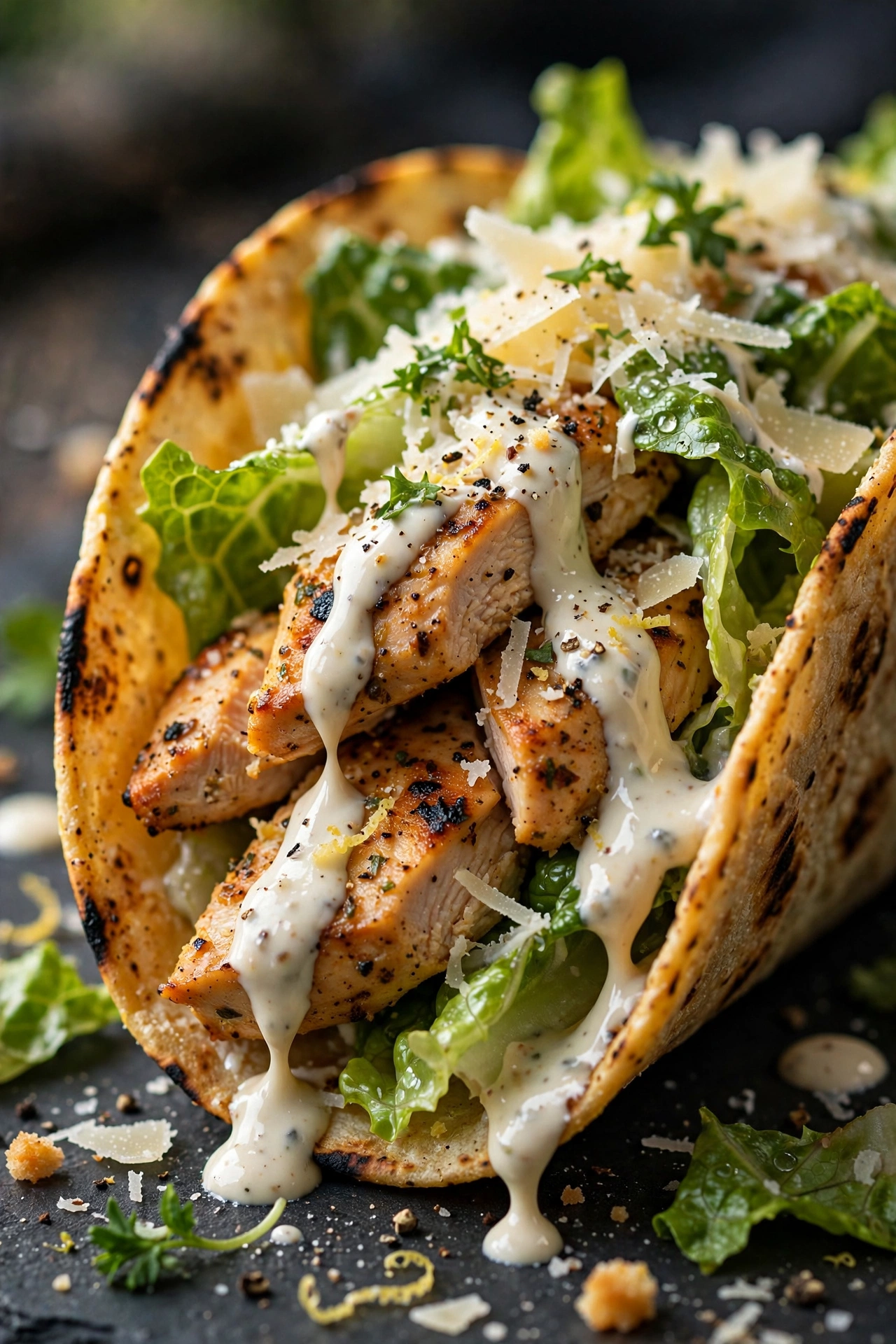 Chicken Caesar tacos with romaine parmesan and Caesar drizzle