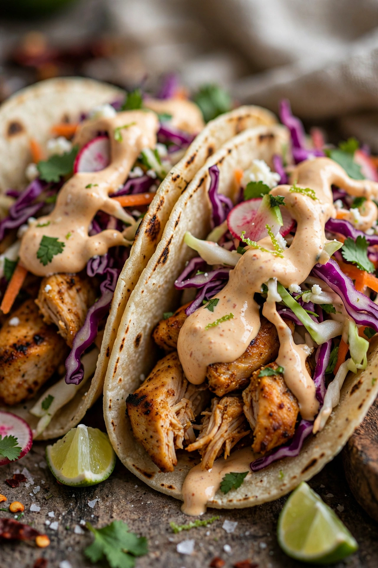 Baja chicken tacos with cabbage slaw and chipotle crema