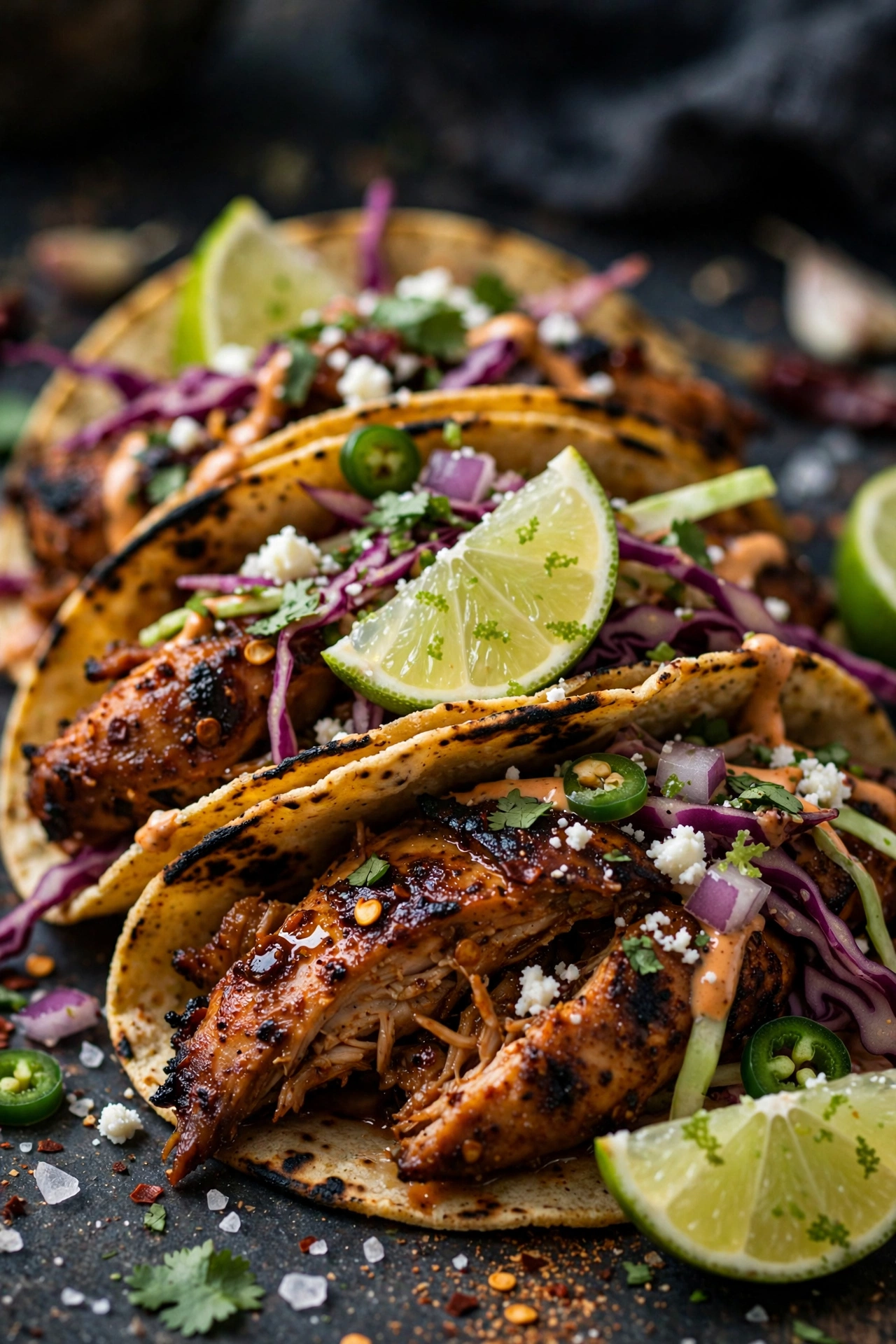 Chipotle chicken tacos with smoky chicken and lime