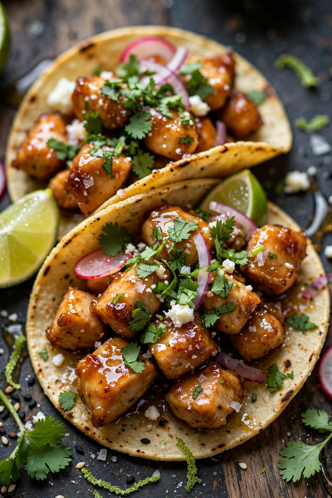 Honey lime chicken tacos glazed with cilantro