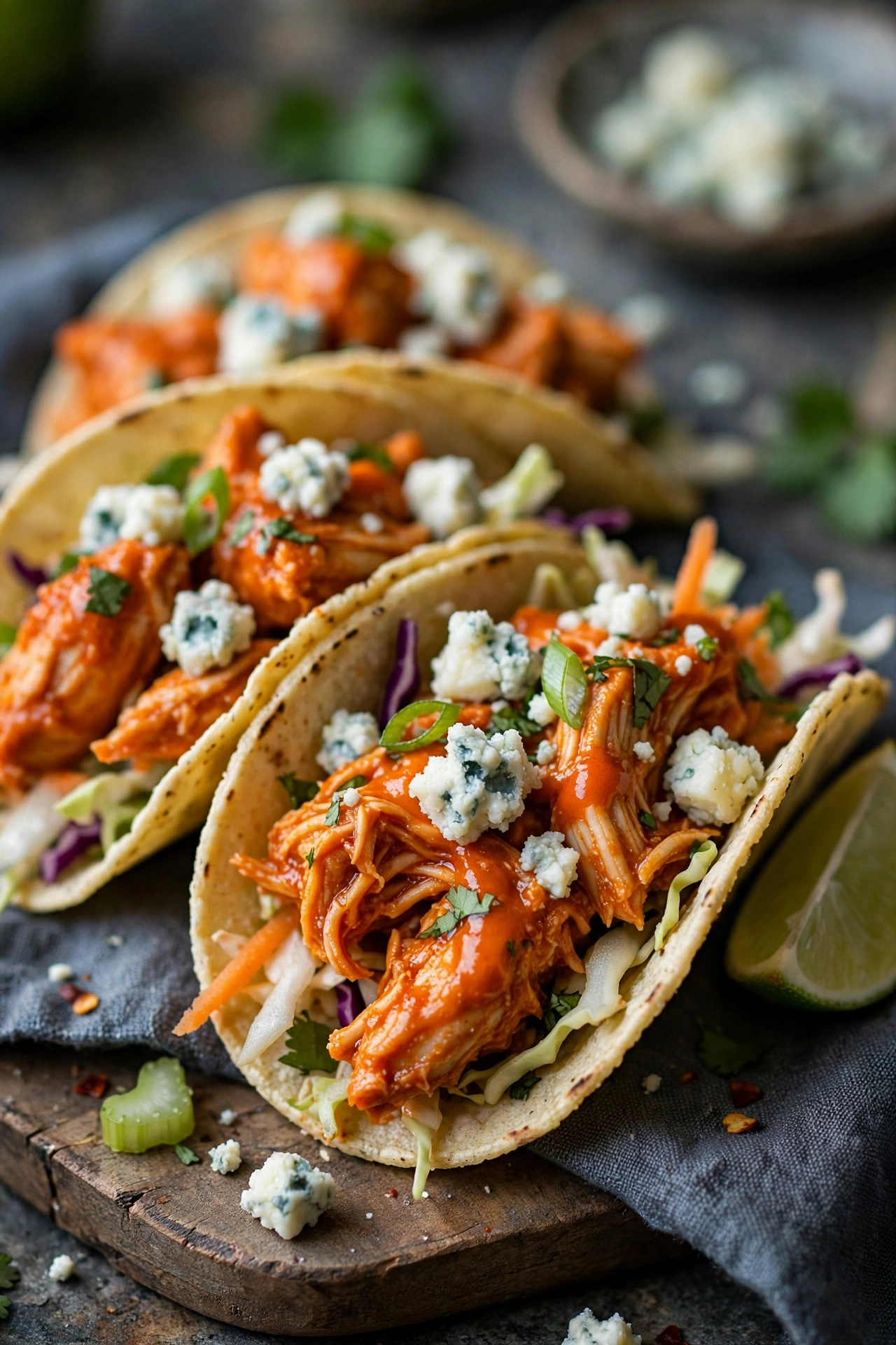 Buffalo chicken tacos with blue cheese crumbles