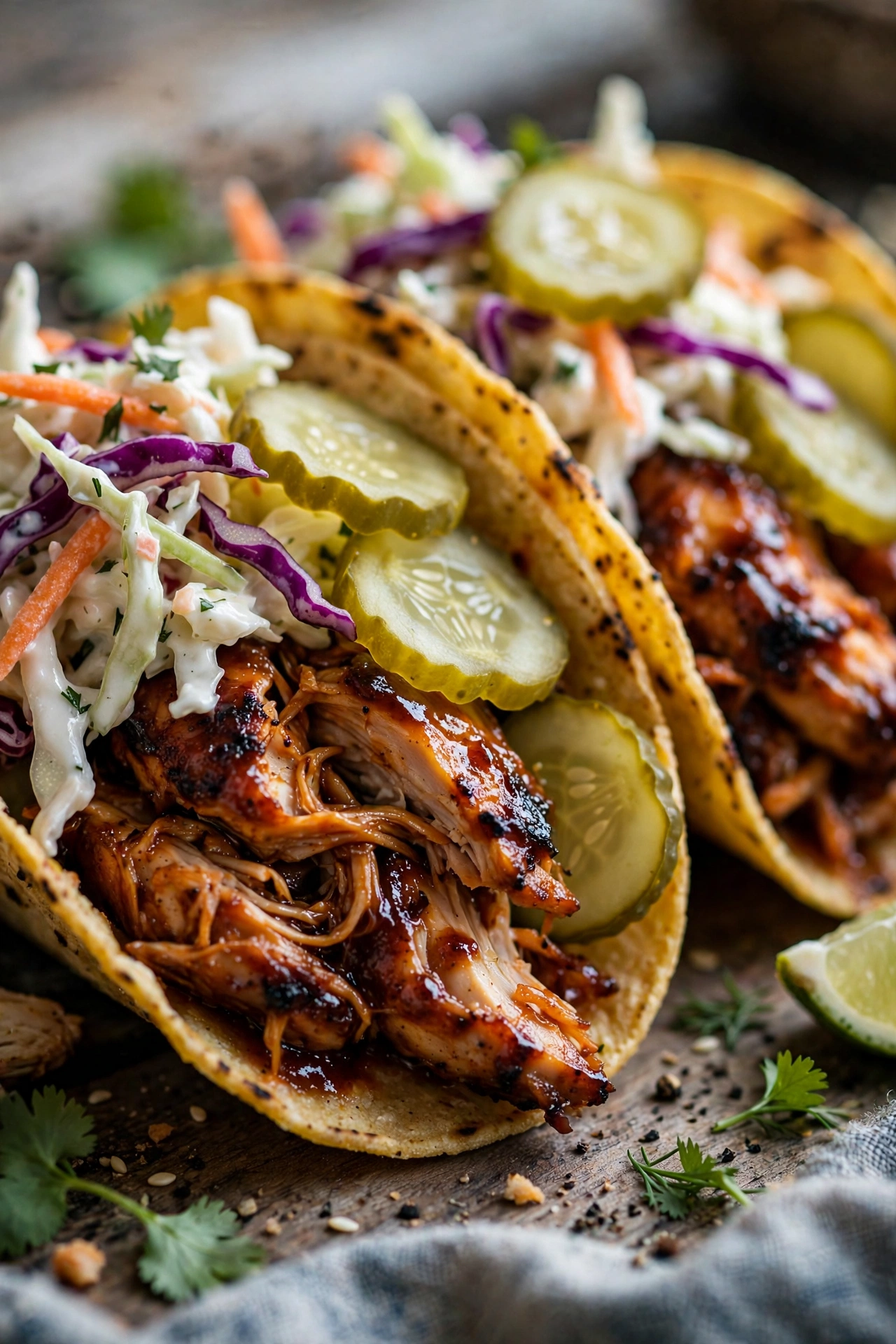 BBQ chicken tacos with coleslaw and pickles