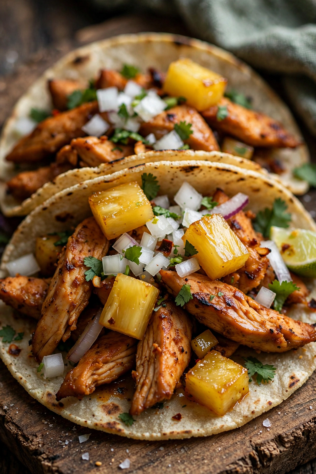 Chicken al pastor tacos with pineapple and onion