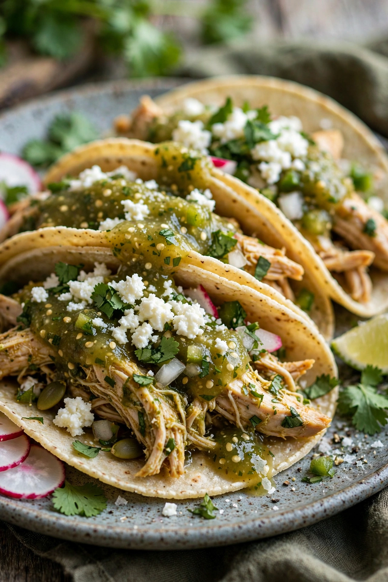 Salsa verde chicken tacos with green salsa and queso fresco