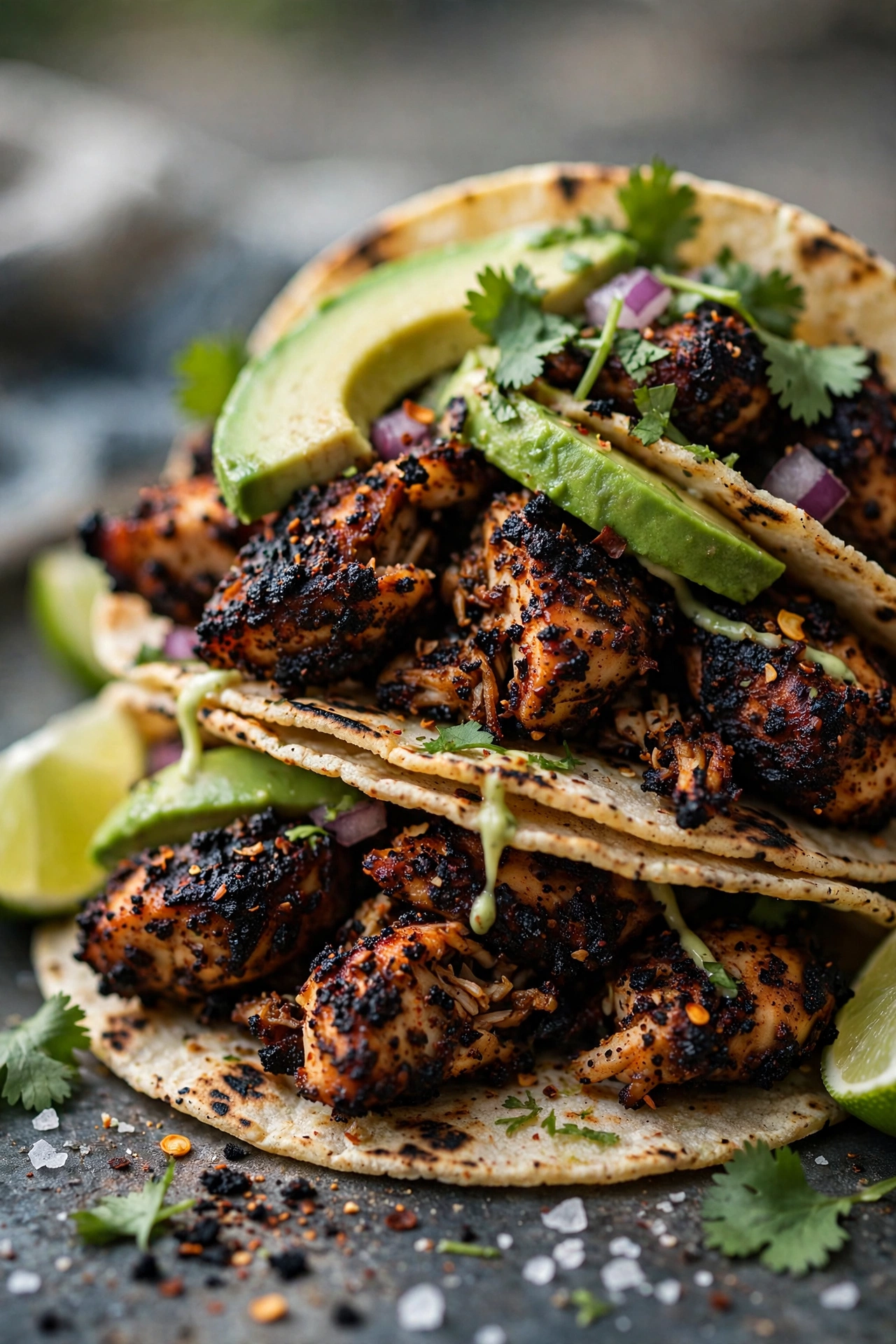 Blackened chicken tacos with charred seasoning and avocado