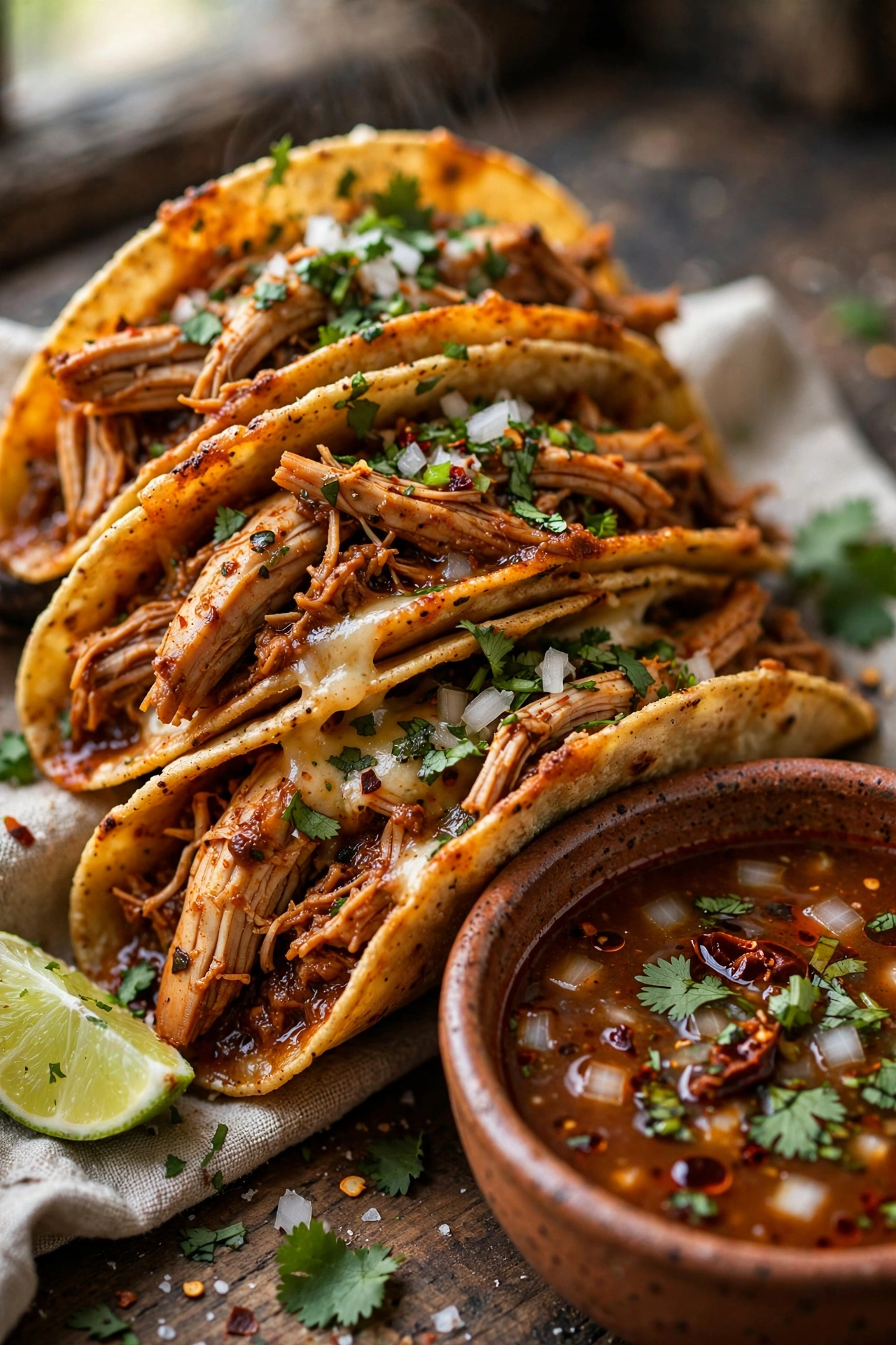 Chicken birria tacos with consomme dipping bowl