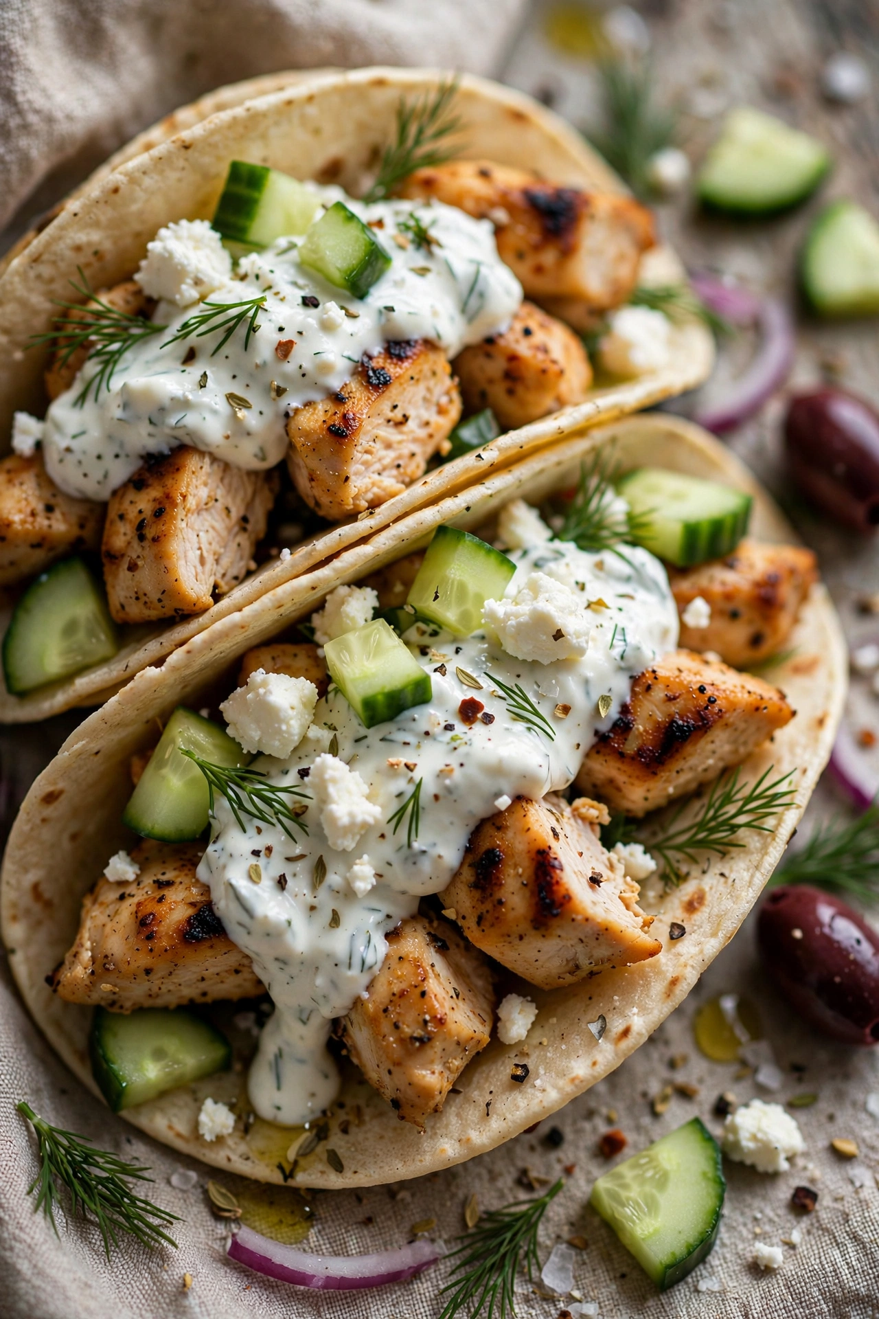 Greek chicken tacos with tzatziki cucumber and feta
