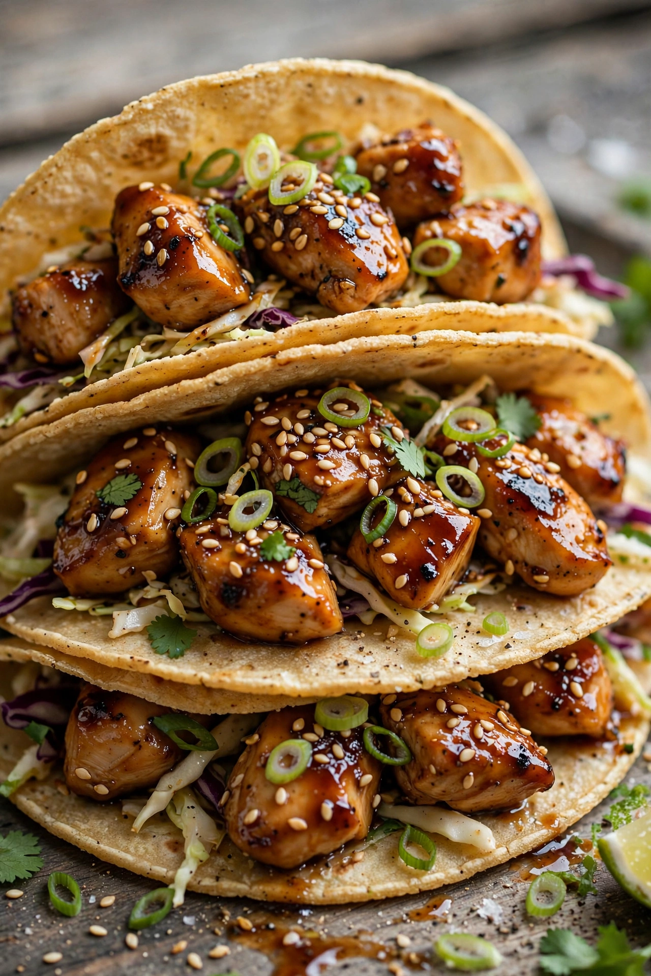 Teriyaki chicken tacos with sesame seeds and scallions