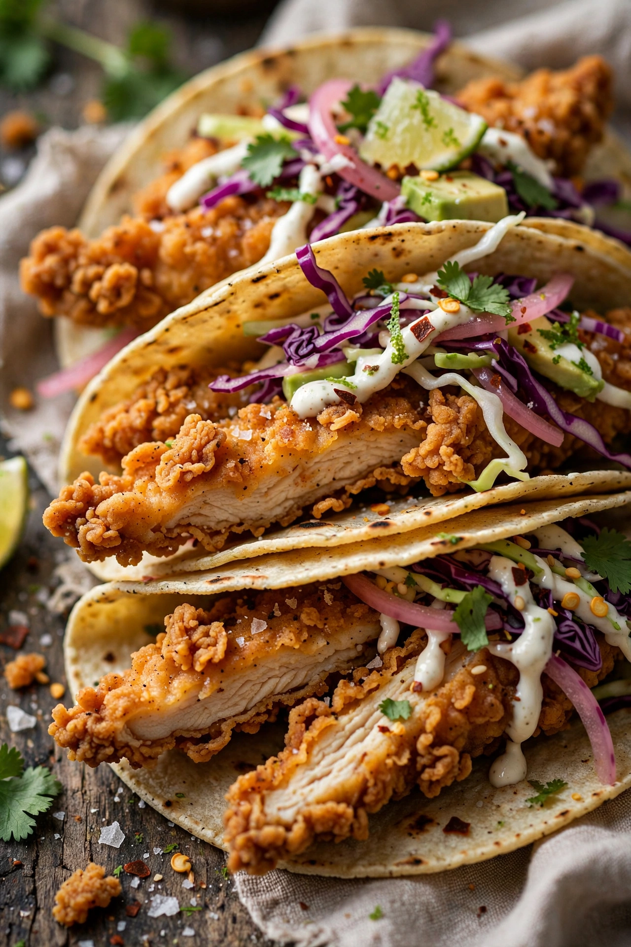Crispy chicken tacos with crunchy fried chicken strips