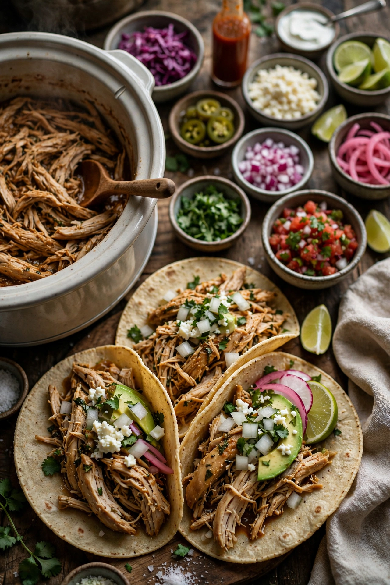 Slow cooker shredded chicken tacos with toppings bar