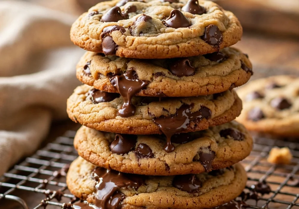 Stack of classic chewy chocolate chip cookies with melted chocolate pools on a cooling rack